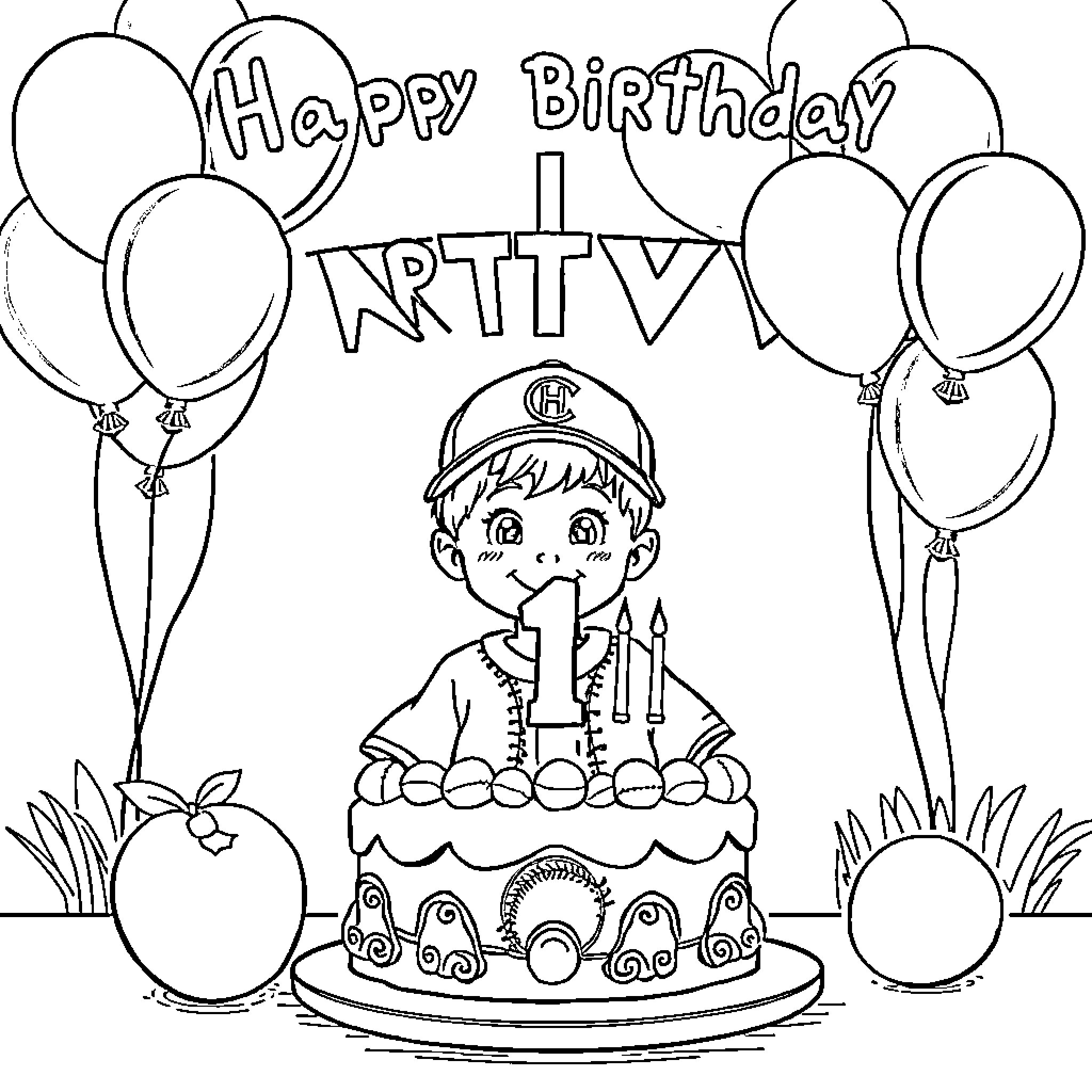 Baseball Player Celebrates Birthday with Cake and Balloons Coloring Page (free black-and-white line drawing printable PDF for all, from beginners to advanced learners, including children, teens, adults, and seniors)