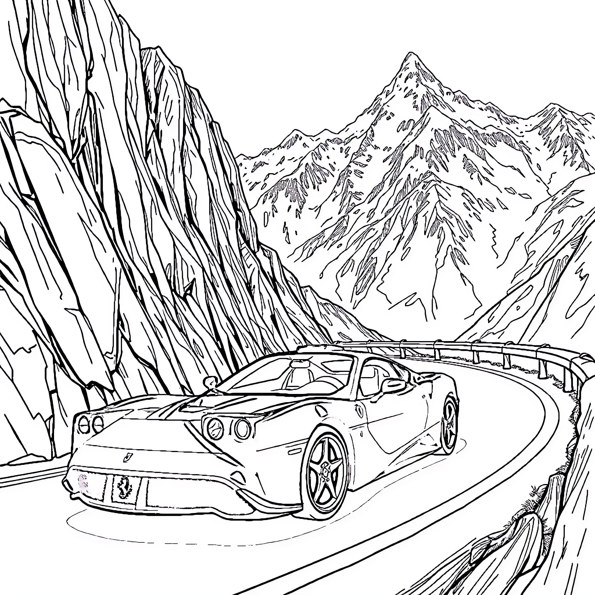 Ferrari racing through the scenic mountain pass Coloring Page (free black-and-white line drawing printable PDF for all, from beginners to advanced learners, including children, teens, adults, and seniors)