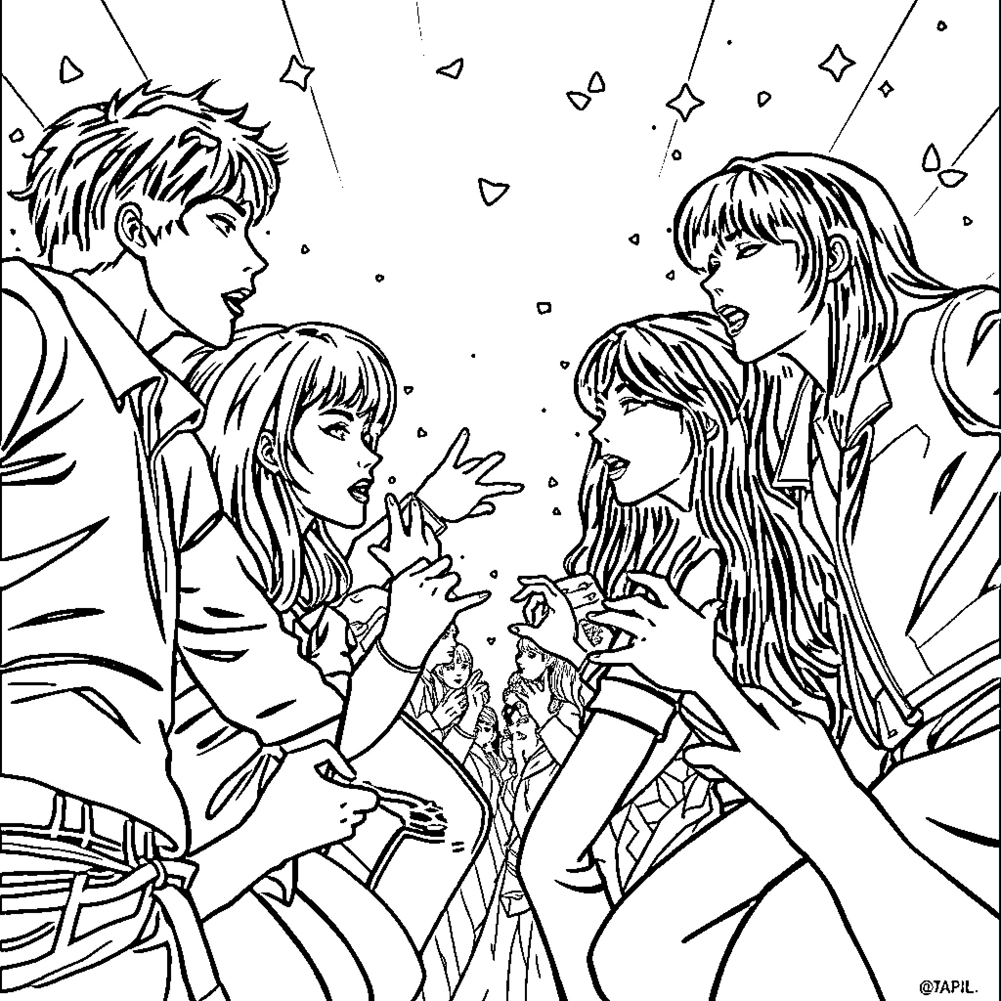 Kpop Stars Interacting Excitedly on Stage Coloring Page (free black-and-white line drawing printable PDF for all, from beginners to advanced learners, including children, teens, adults, and seniors)