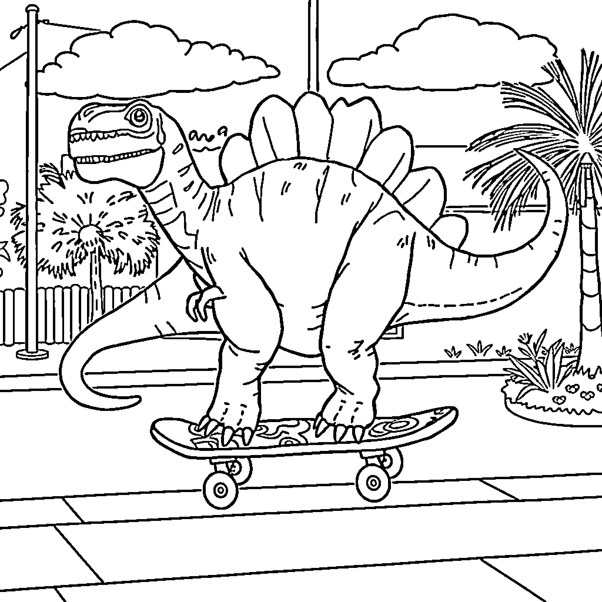 Brontosaurus skateboarding in the park Coloring Page (free black-and-white line drawing printable PDF for all, from beginners to advanced learners, including children, teens, adults, and seniors)