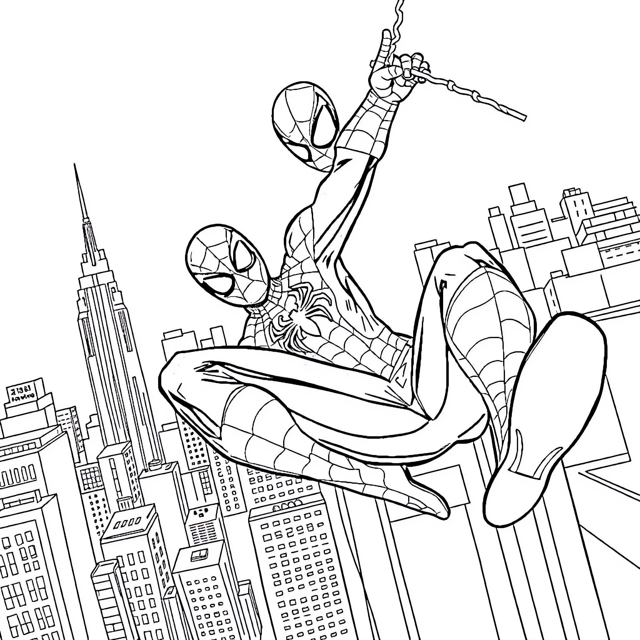 Spidey swinging through the city skyline Coloring Page (free black-and-white line drawing printable PDF for all, from beginners to advanced learners, including children, teens, adults, and seniors)