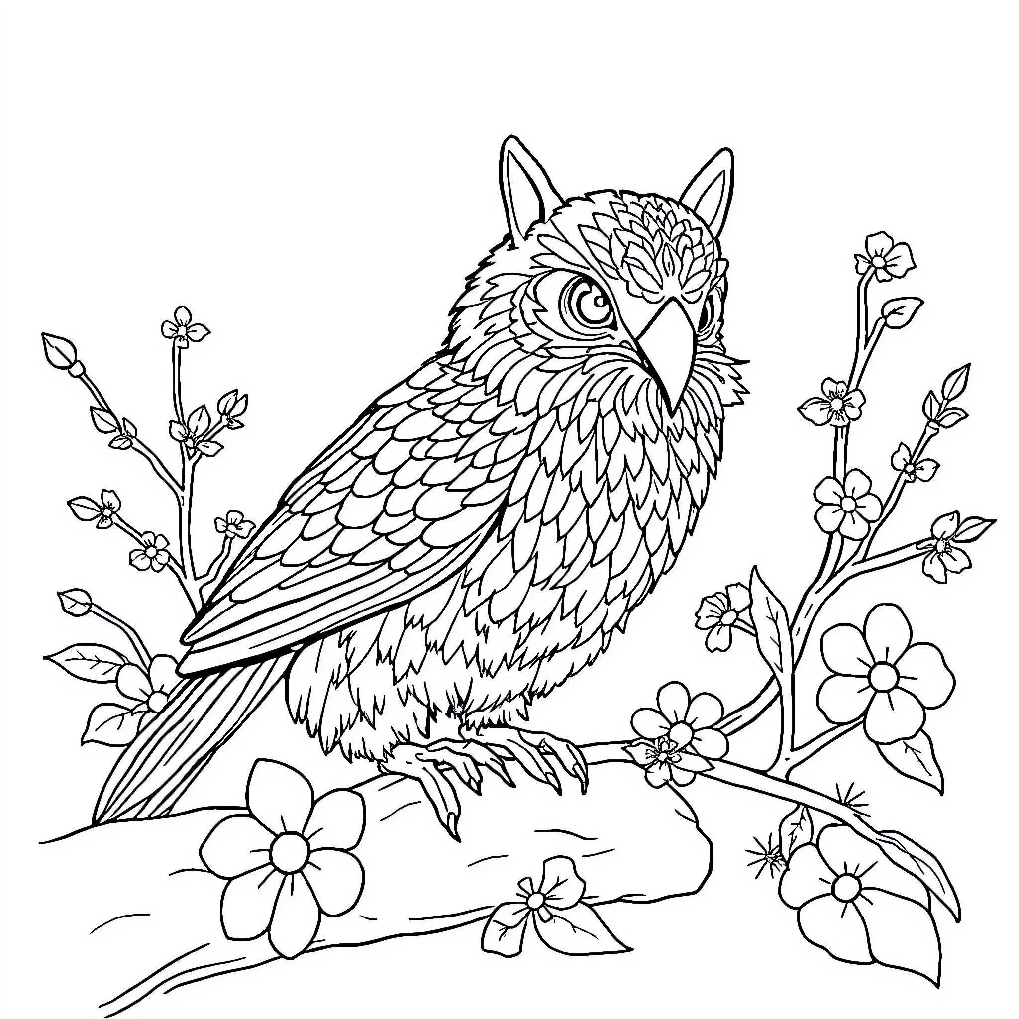 Alien owl perched amidst blooming flowers Coloring Page (free black-and-white line drawing printable PDF for all, from beginners to advanced learners, including children, teens, adults, and seniors)