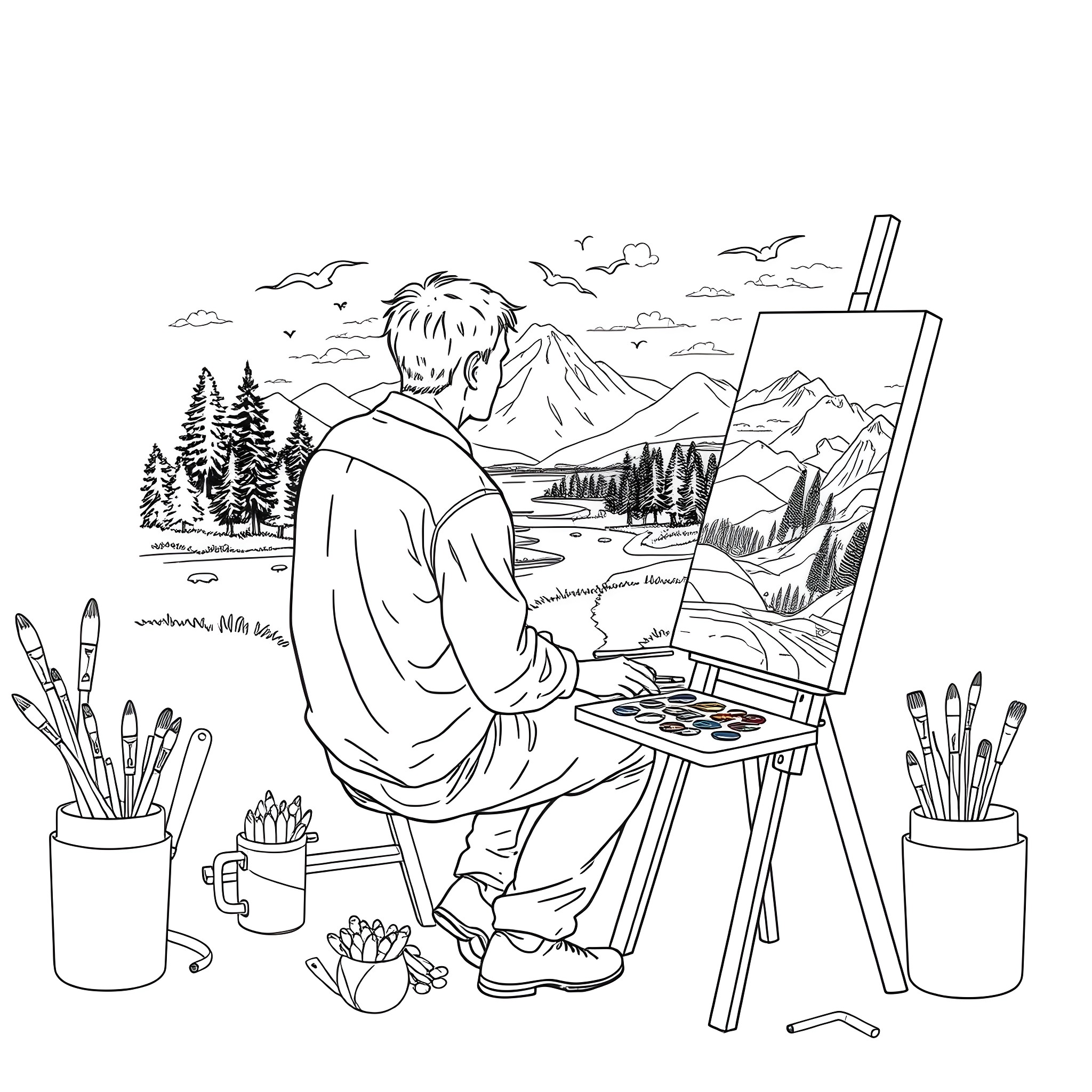 Male artist painting a scenic landscape with mountains Coloring Page (free black-and-white line drawing printable PDF for all, from beginners to advanced learners, including children, teens, adults, and seniors)