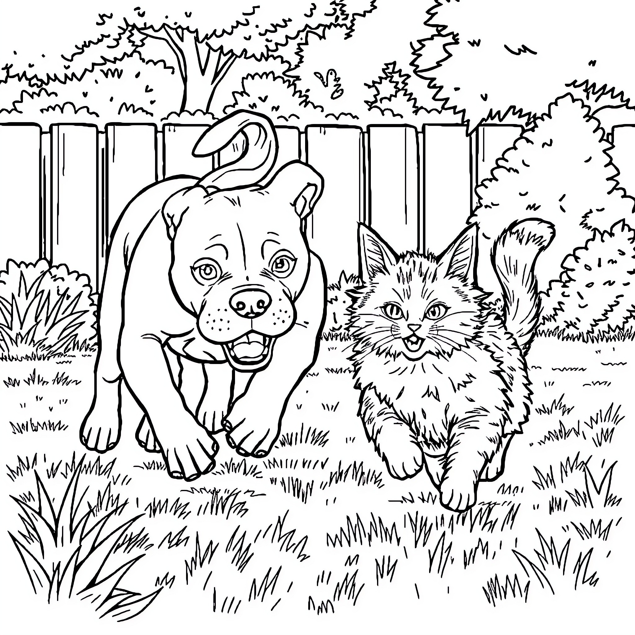 Pitbull and Kitten Exploring the Backyard Coloring Page (free black-and-white line drawing printable PDF for all, from beginners to advanced learners, including children, teens, adults, and seniors)