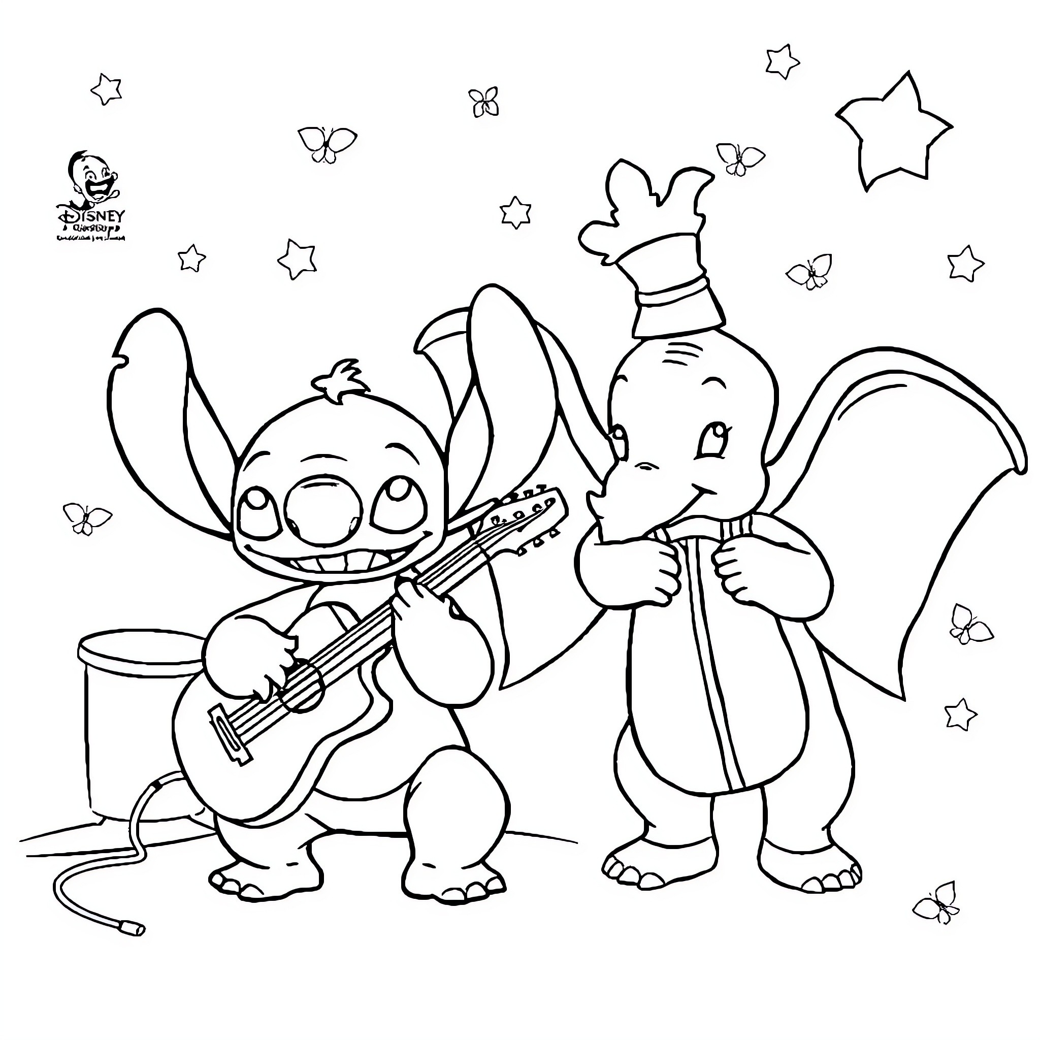 Stitch and Dumbo playing music with butterflies Coloring Page (free black-and-white line drawing printable PDF for all, from beginners to advanced learners, including children, teens, adults, and seniors)