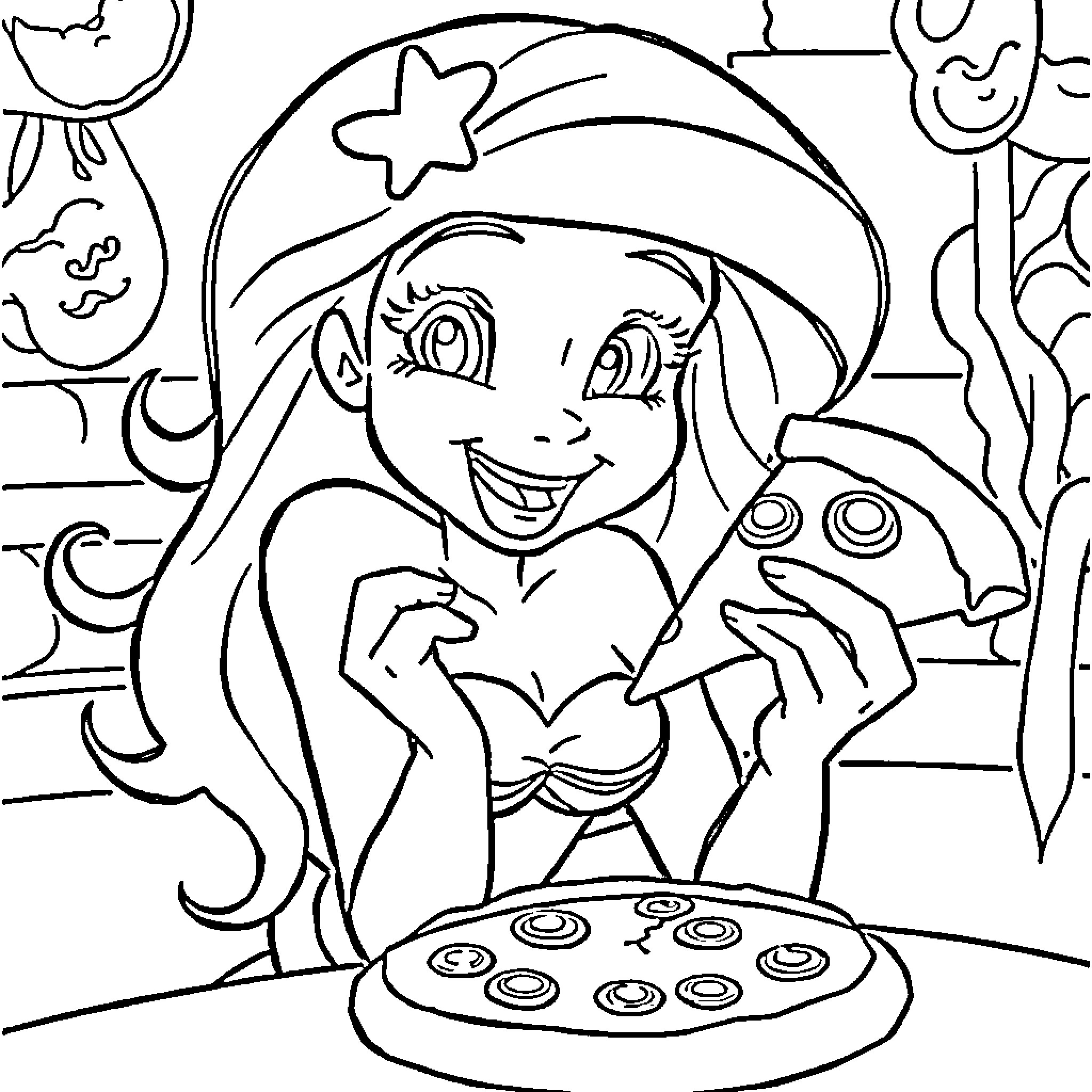 Ariel baking a pizza in the kitchen Coloring Page (free black-and-white line drawing printable PDF for all, from beginners to advanced learners, including children, teens, adults, and seniors)
