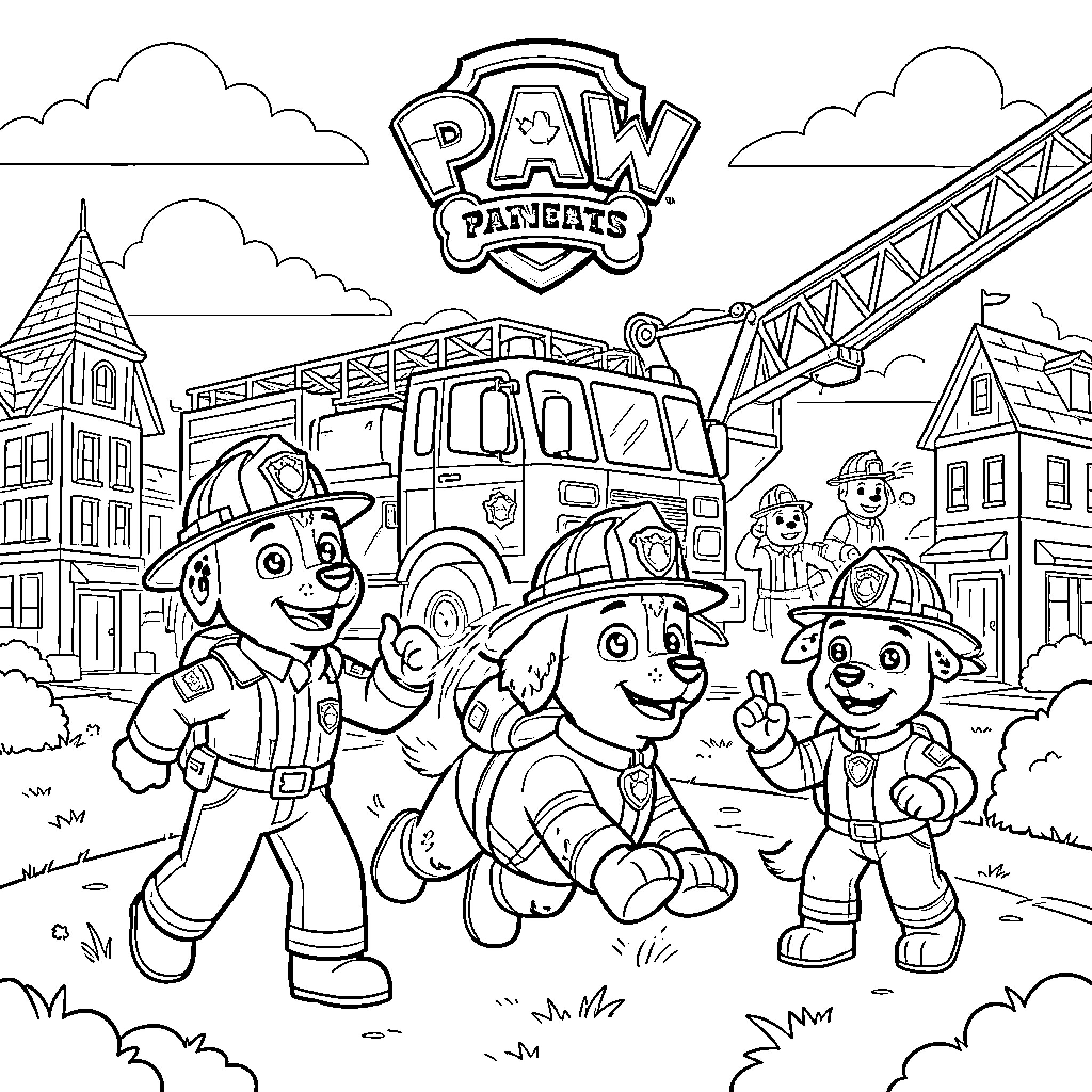 Paw Patrol pups celebrating in front of a fire truck Coloring Page (free black-and-white line drawing printable PDF for all, from beginners to advanced learners, including children, teens, adults, and seniors)