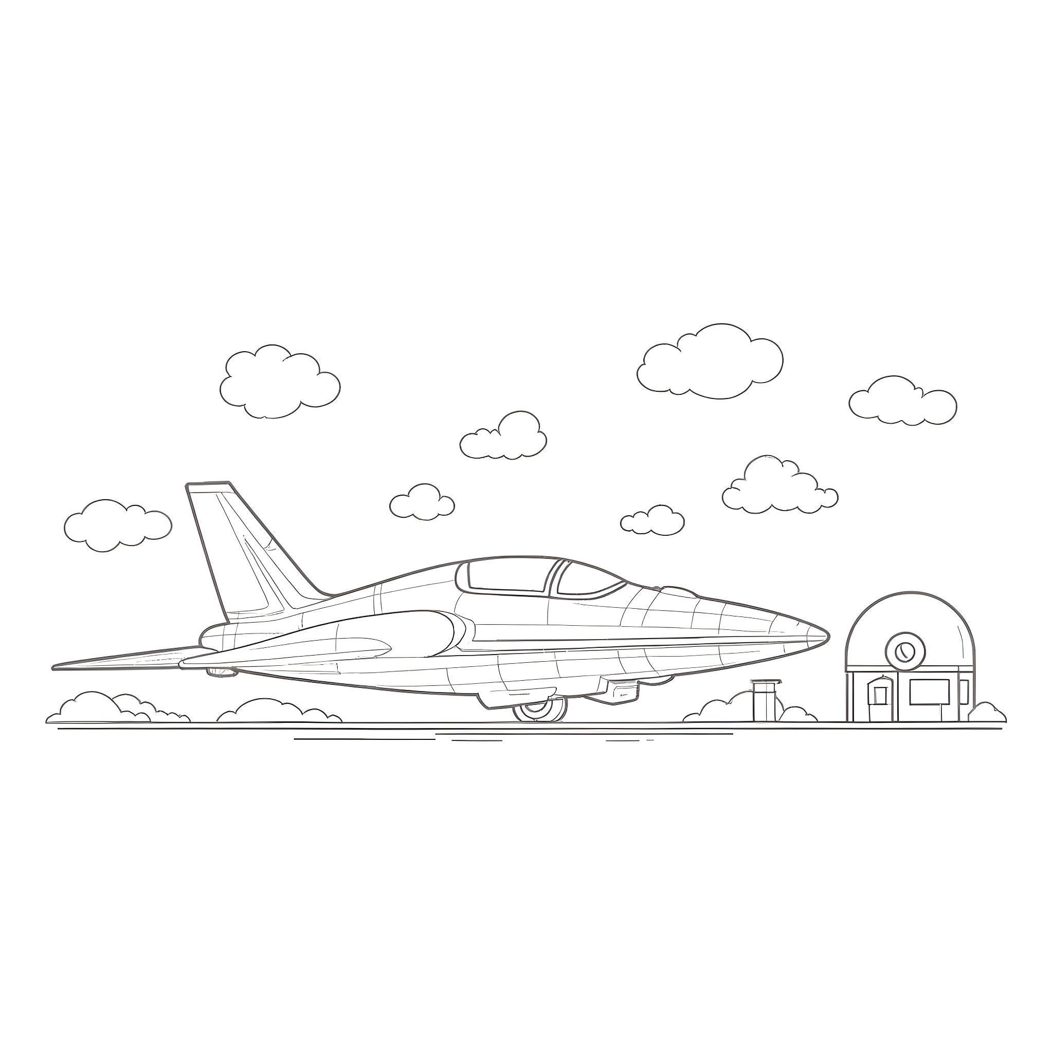 Alien Spaceship hovering above the landscape Coloring Page (free black-and-white line drawing printable PDF for all, from beginners to advanced learners, including children, teens, adults, and seniors)
