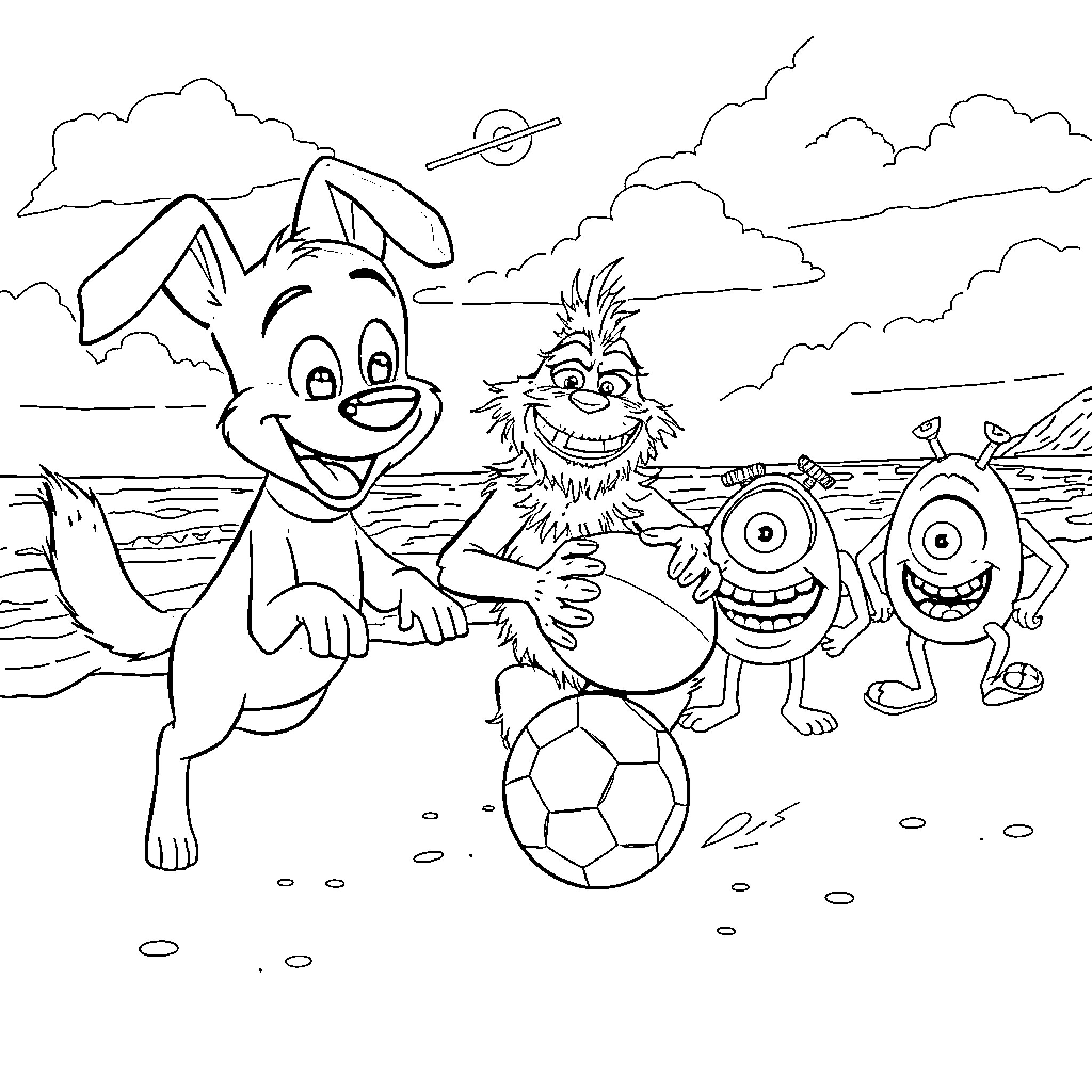 Characters playing with ball in a scenic landscape Coloring Page (free black-and-white line drawing printable PDF for all, from beginners to advanced learners, including children, teens, adults, and seniors)