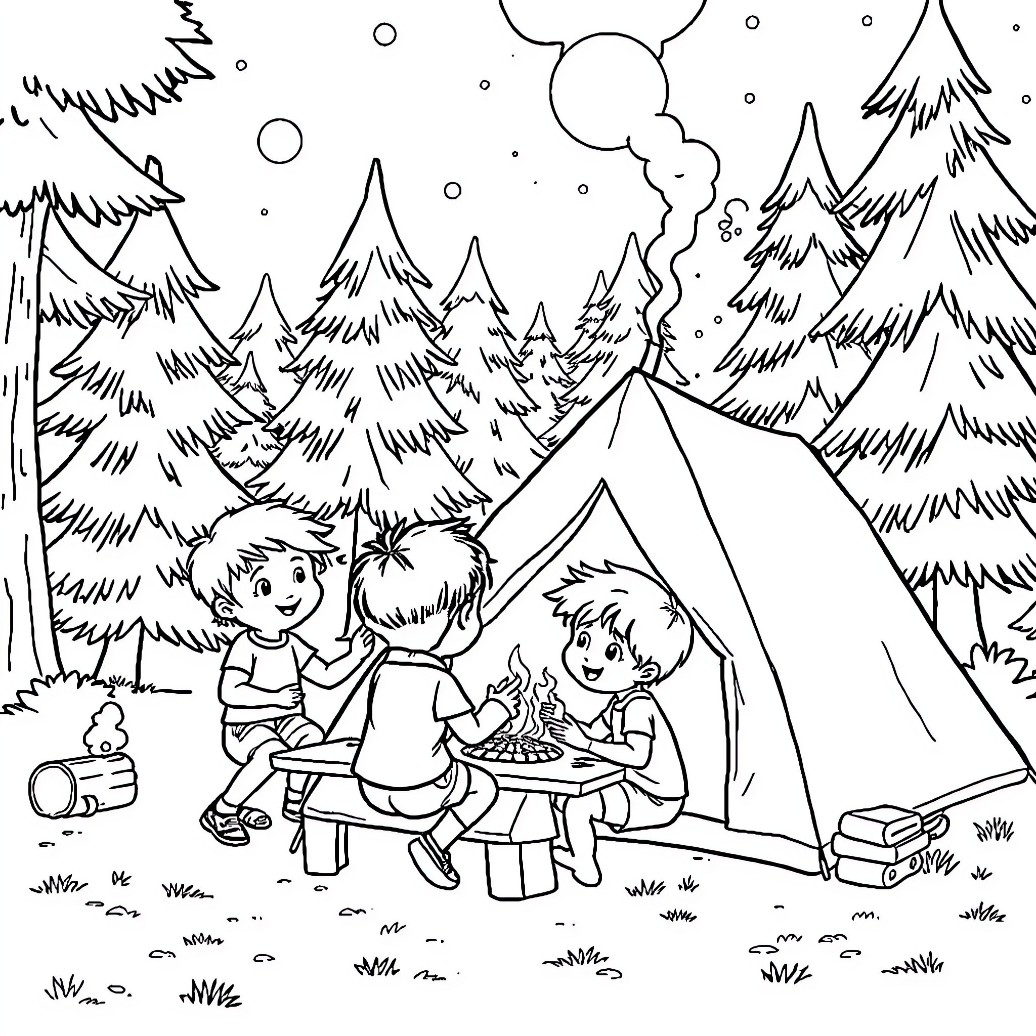 Child camping and roasting marshmallows in forest Coloring Page (free black-and-white line drawing printable PDF for all, from beginners to advanced learners, including children, teens, adults, and seniors)