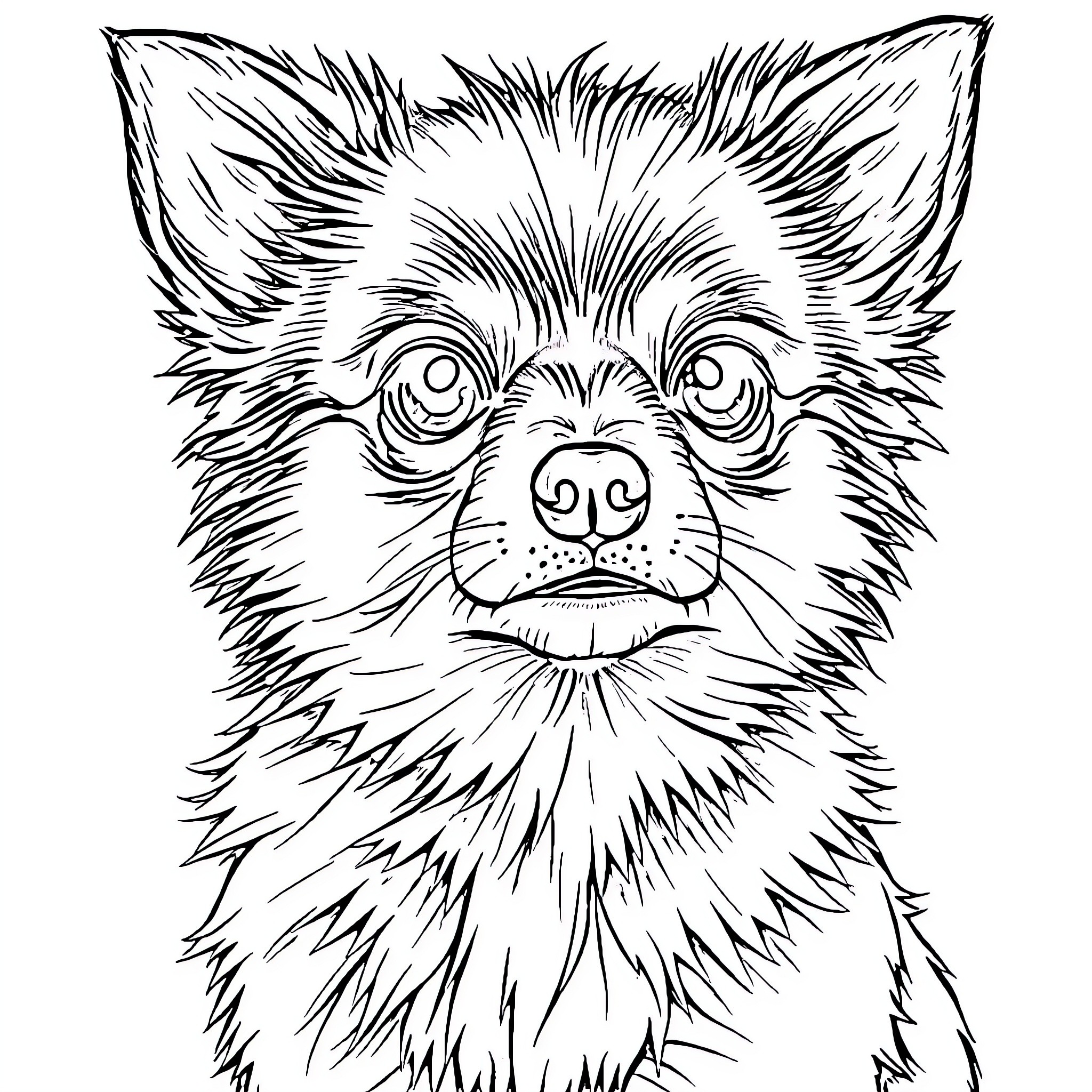 Chihuahua with expressive eyes and fluffy fur Coloring Page (free black-and-white line drawing printable PDF for all, from beginners to advanced learners, including children, teens, adults, and seniors)