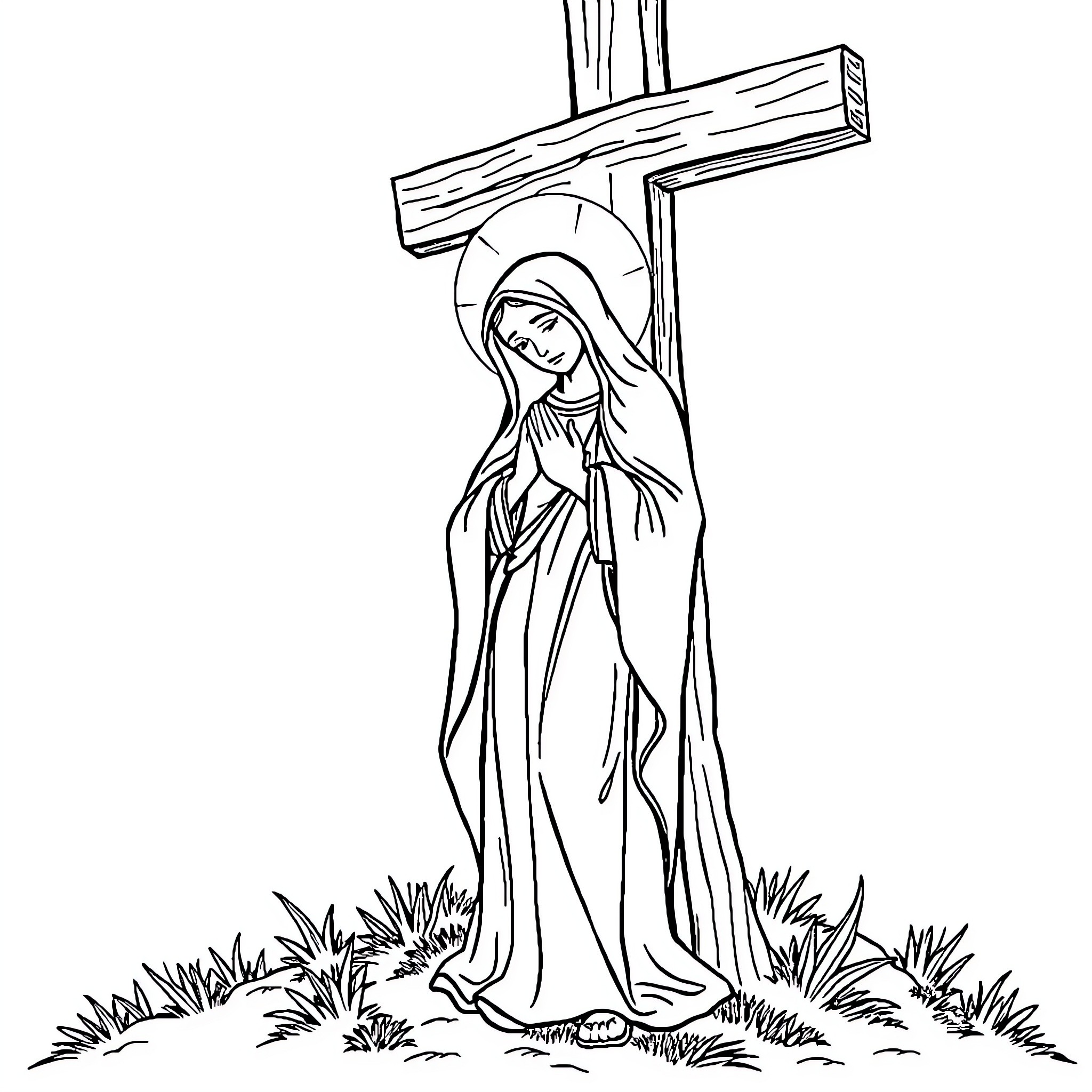 Virgin Mary standing solemnly before the cross Coloring Page (free black-and-white line drawing printable PDF for all, from beginners to advanced learners, including children, teens, adults, and seniors)