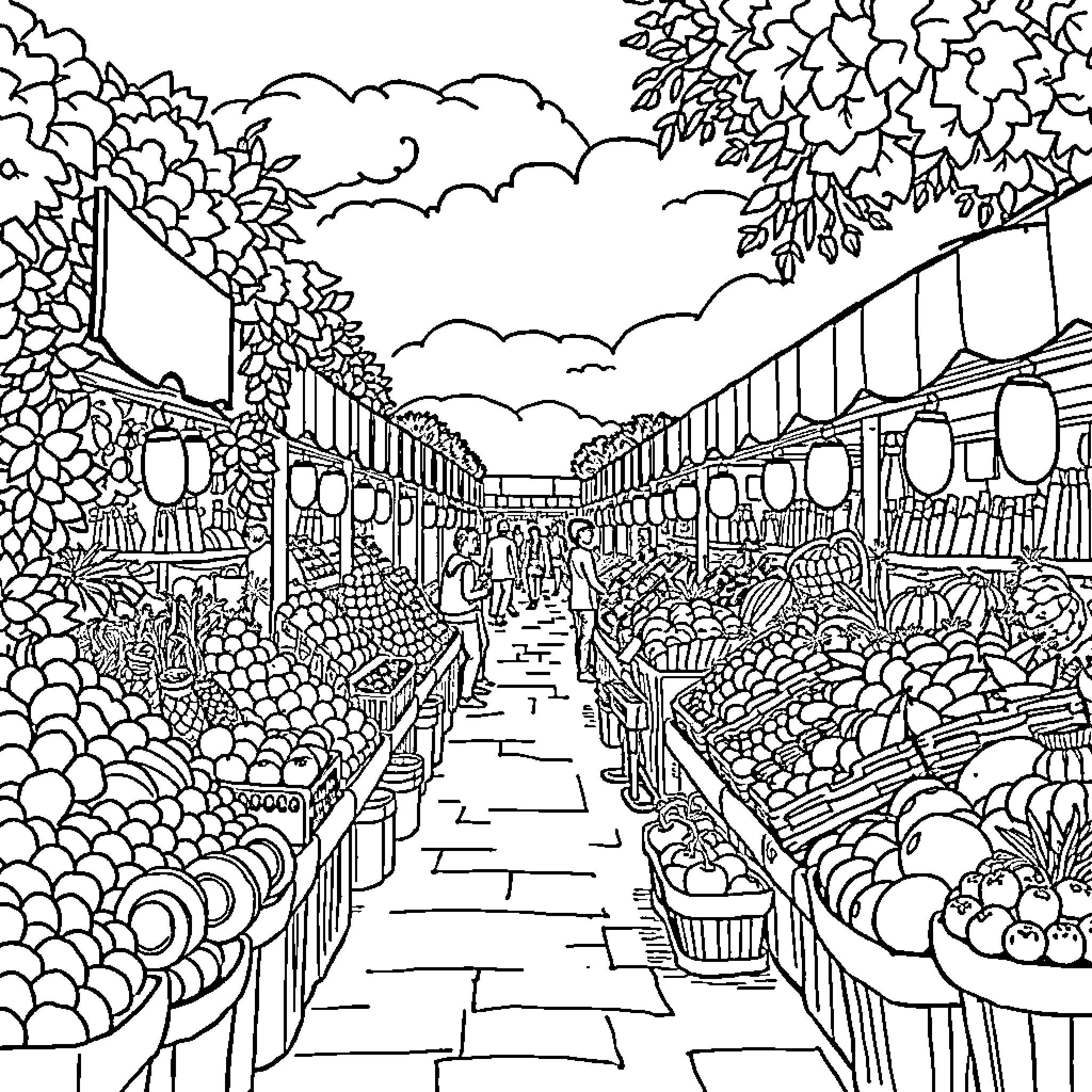 Market bustling with vibrant stalls and lively crowds Coloring Page (free black-and-white line drawing printable PDF for all, from beginners to advanced learners, including children, teens, adults, and seniors)