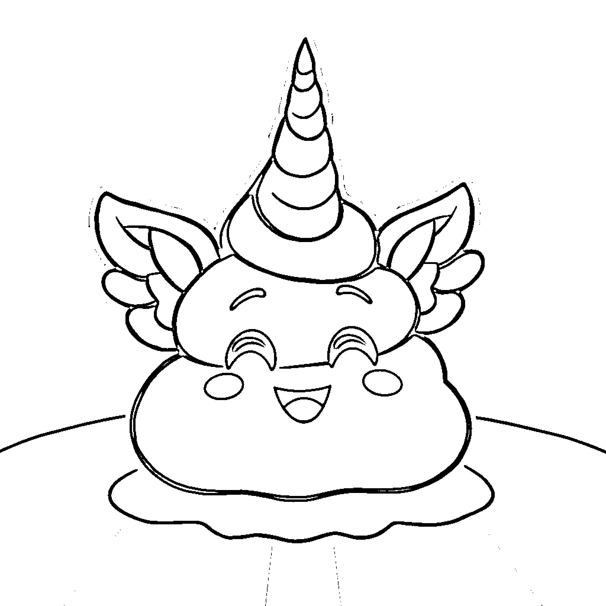 Poop Emoji Unicorn Character Smiling Coloring Page (free black-and-white line drawing printable PDF for all, from beginners to advanced learners, including children, teens, adults, and seniors)