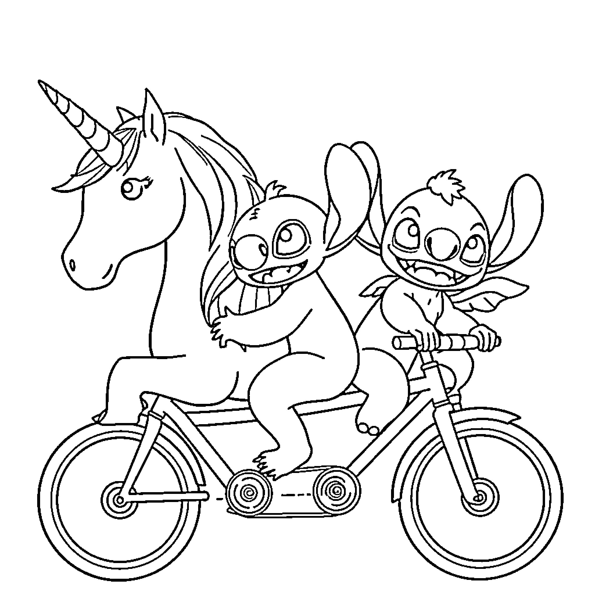 Unicorn and Creatures Riding Bicycle Together Coloring Page (free black-and-white line drawing printable PDF for all, from beginners to advanced learners, including children, teens, adults, and seniors)