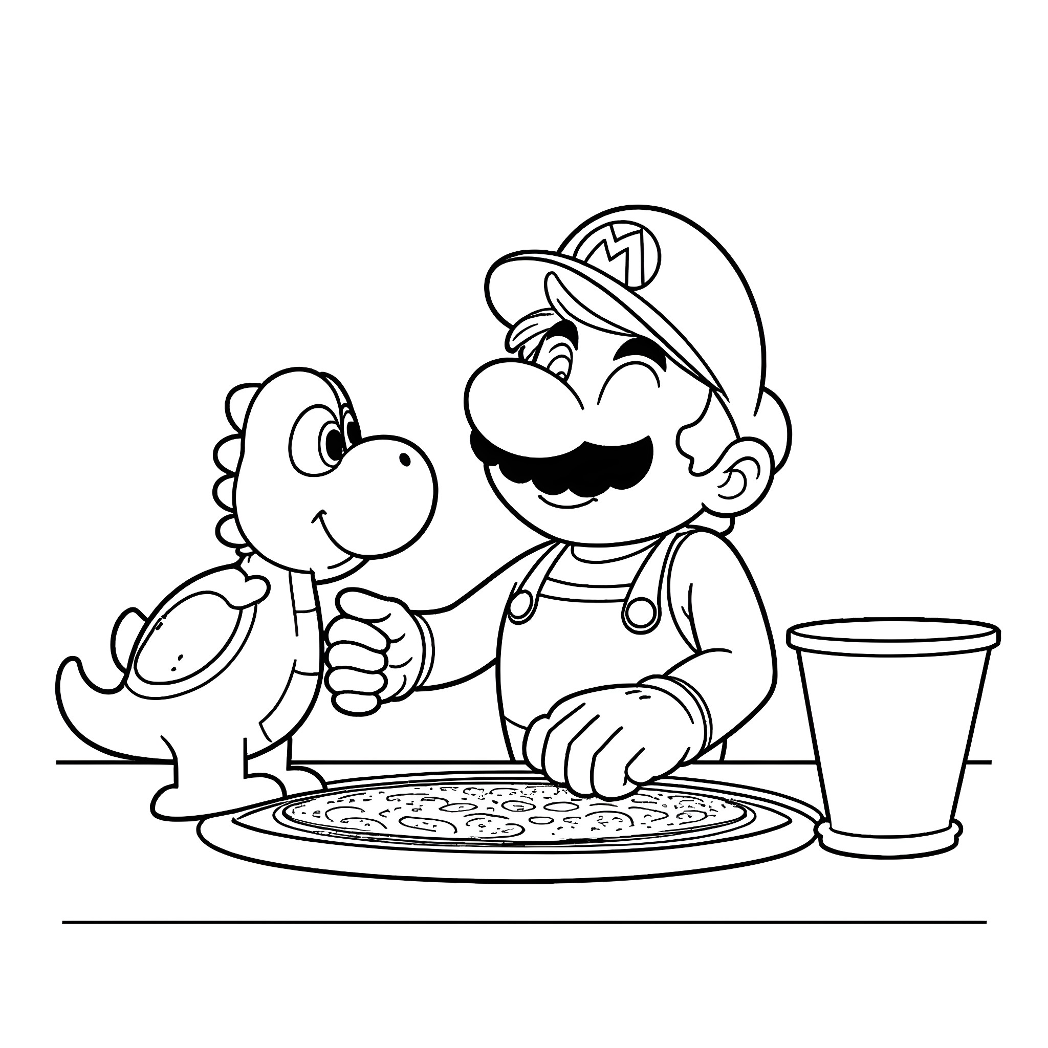 Super Mario Enjoying Pizza with Yoshi Coloring Page (free black-and-white line drawing printable PDF for all, from beginners to advanced learners, including children, teens, adults, and seniors)