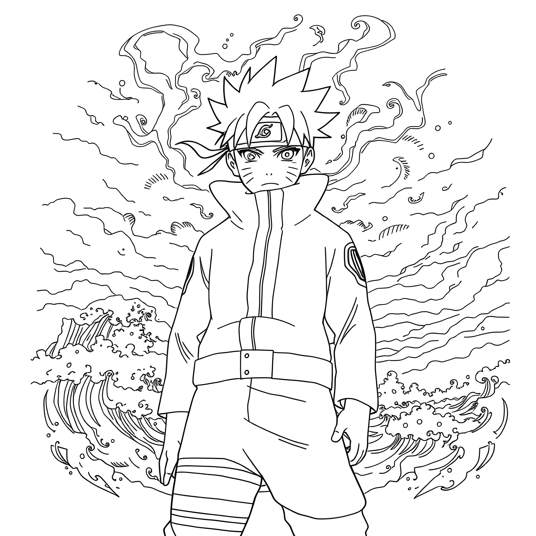 Naruto unleashing powerful ninja energy Coloring Page (free black-and-white line drawing printable PDF for all, from beginners to advanced learners, including children, teens, adults, and seniors)