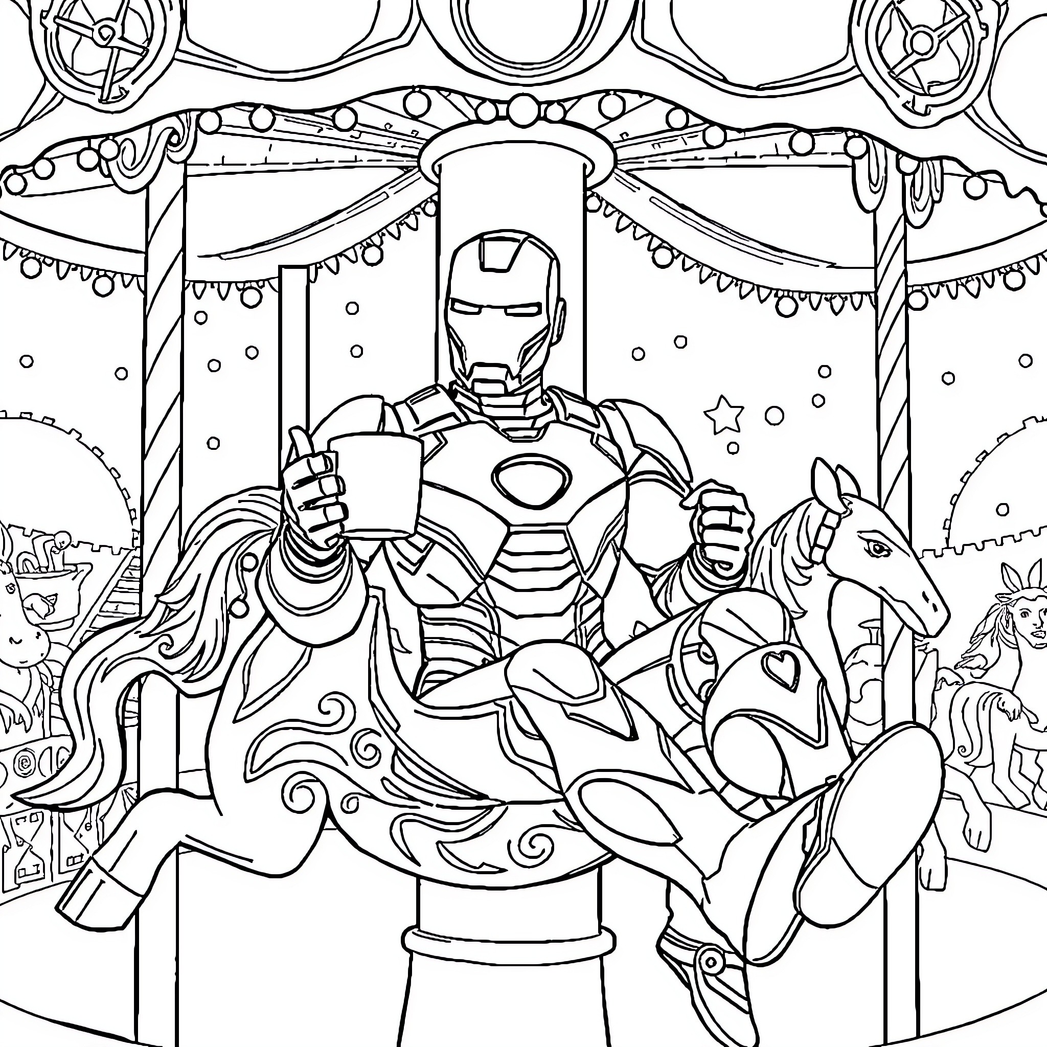Ironman enjoying carnival festivities with animals Coloring Page (free black-and-white line drawing printable PDF for all, from beginners to advanced learners, including children, teens, adults, and seniors)