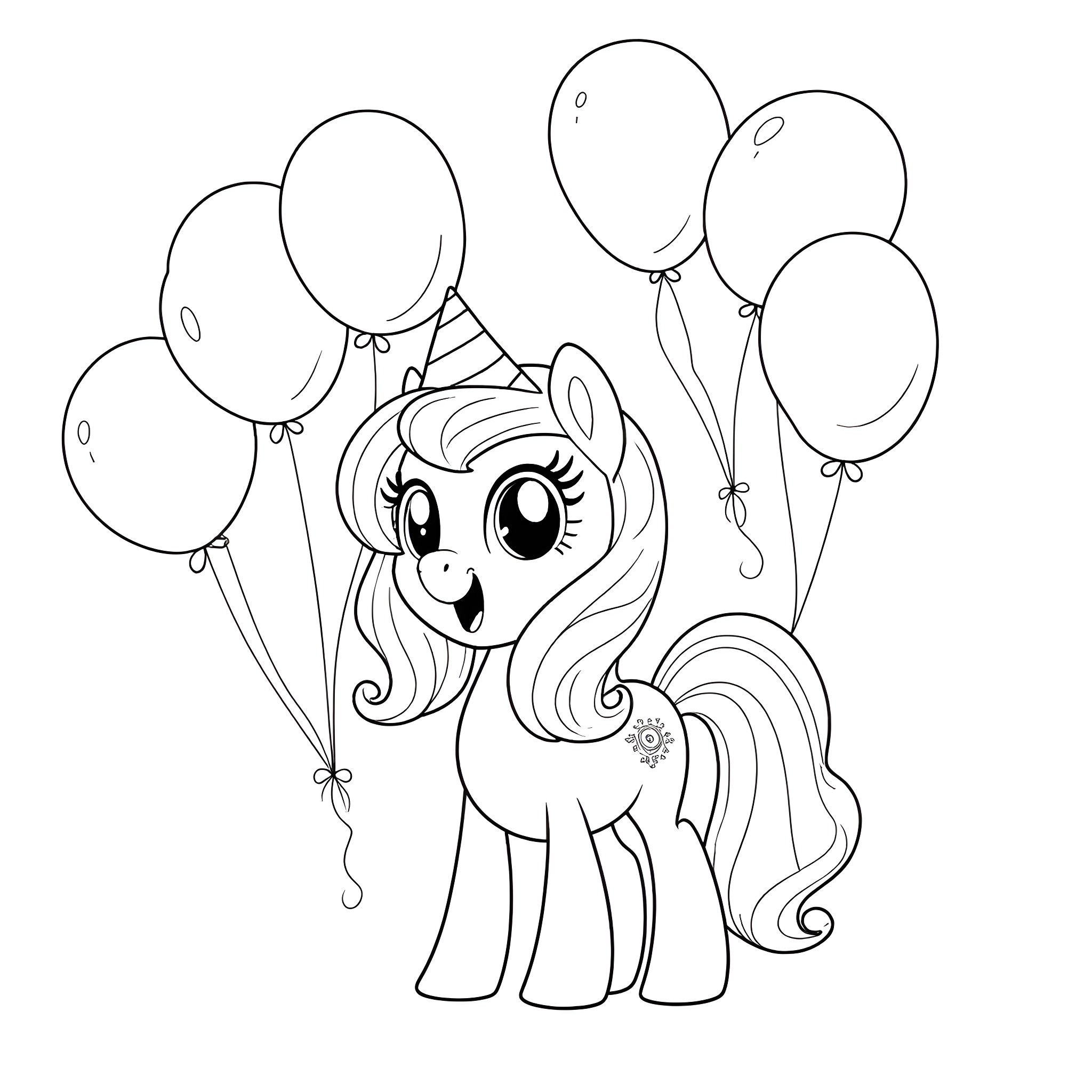 Pinkie Pie celebrates with balloons Coloring Page (free black-and-white line drawing printable PDF for all, from beginners to advanced learners, including children, teens, adults, and seniors)