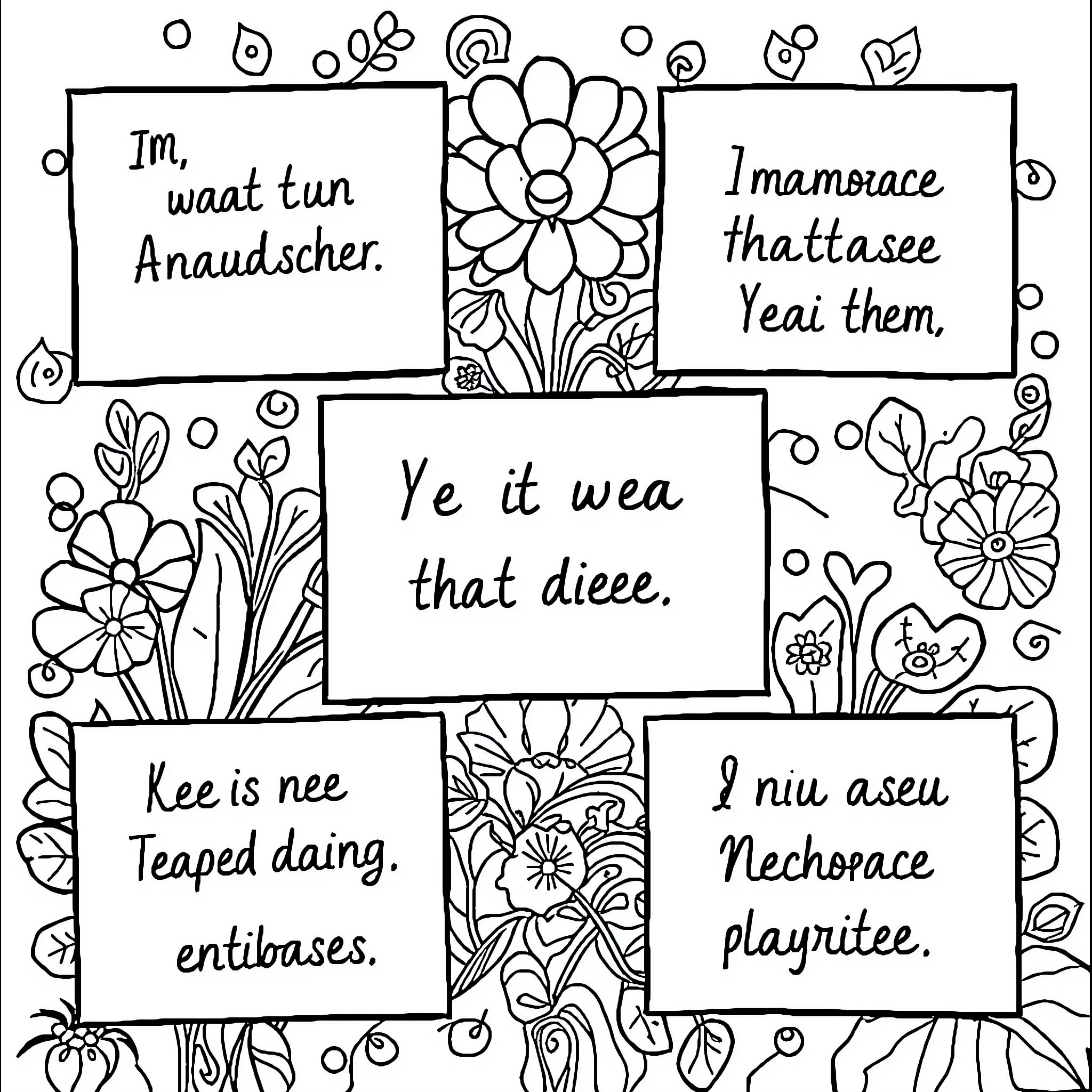 Affirmation through empowering expressions and floral accents Coloring Page (free black-and-white line drawing printable PDF for all, from beginners to advanced learners, including children, teens, adults, and seniors)