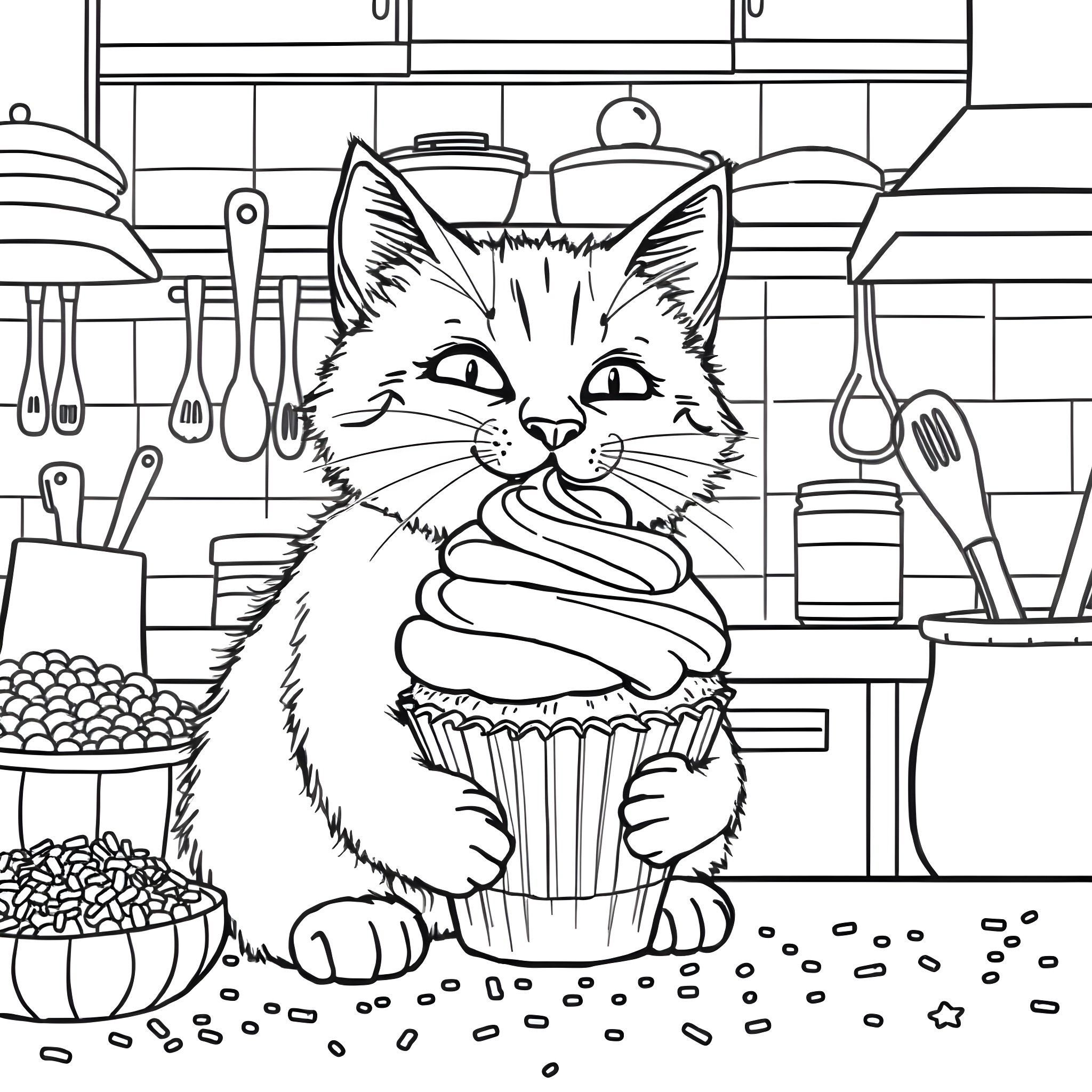 Cat enjoying a delicious cupcake in the kitchen Coloring Page (free black-and-white line drawing printable PDF for all, from beginners to advanced learners, including children, teens, adults, and seniors)