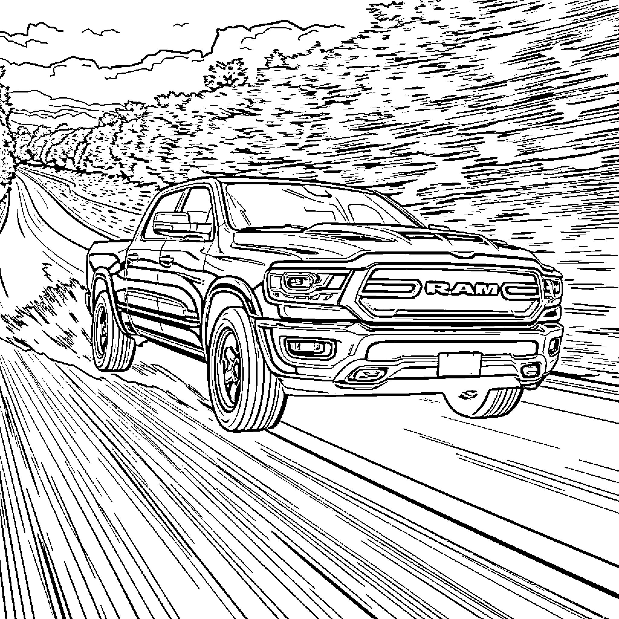 Truck driving fast on countryside road Coloring Page (free black-and-white line drawing printable PDF for all, from beginners to advanced learners, including children, teens, adults, and seniors)