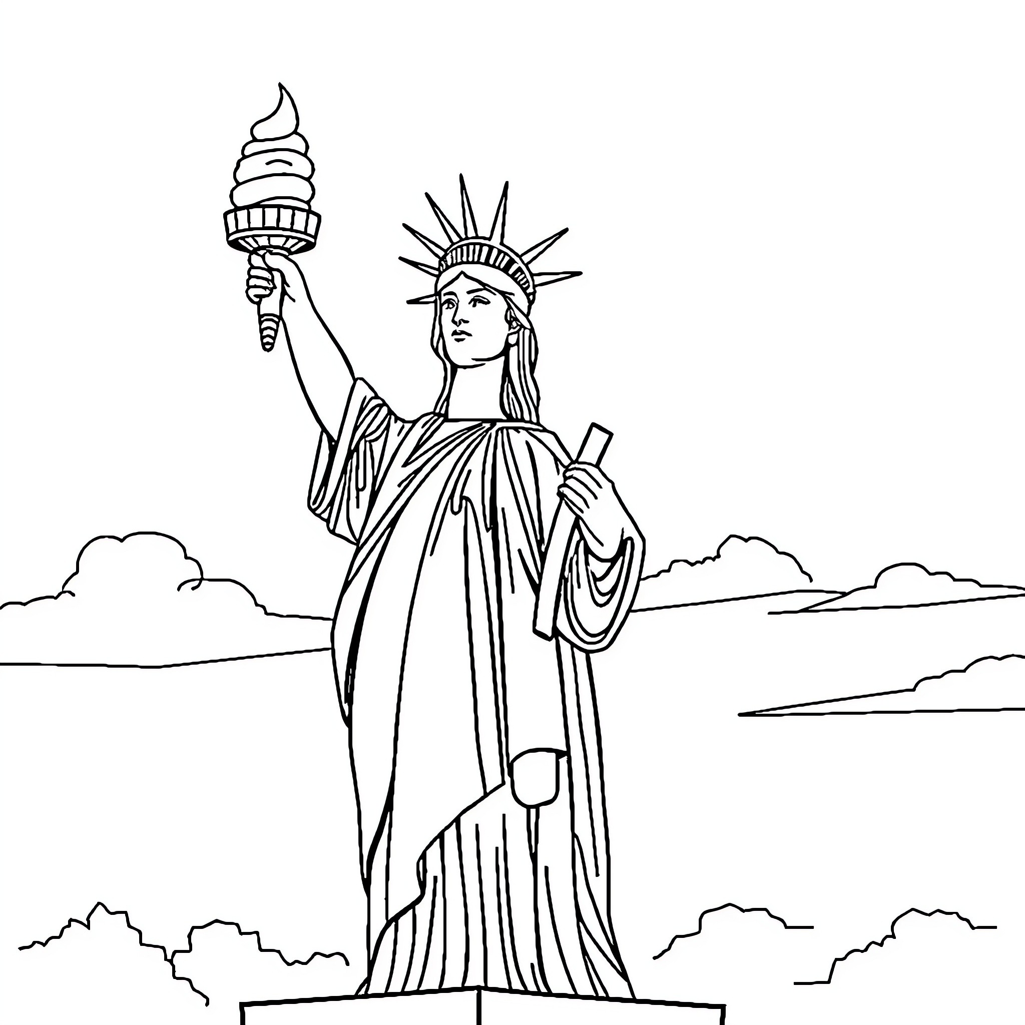 Statue Of Liberty standing tall and proud Coloring Page (free black-and-white line drawing printable PDF for all, from beginners to advanced learners, including children, teens, adults, and seniors)