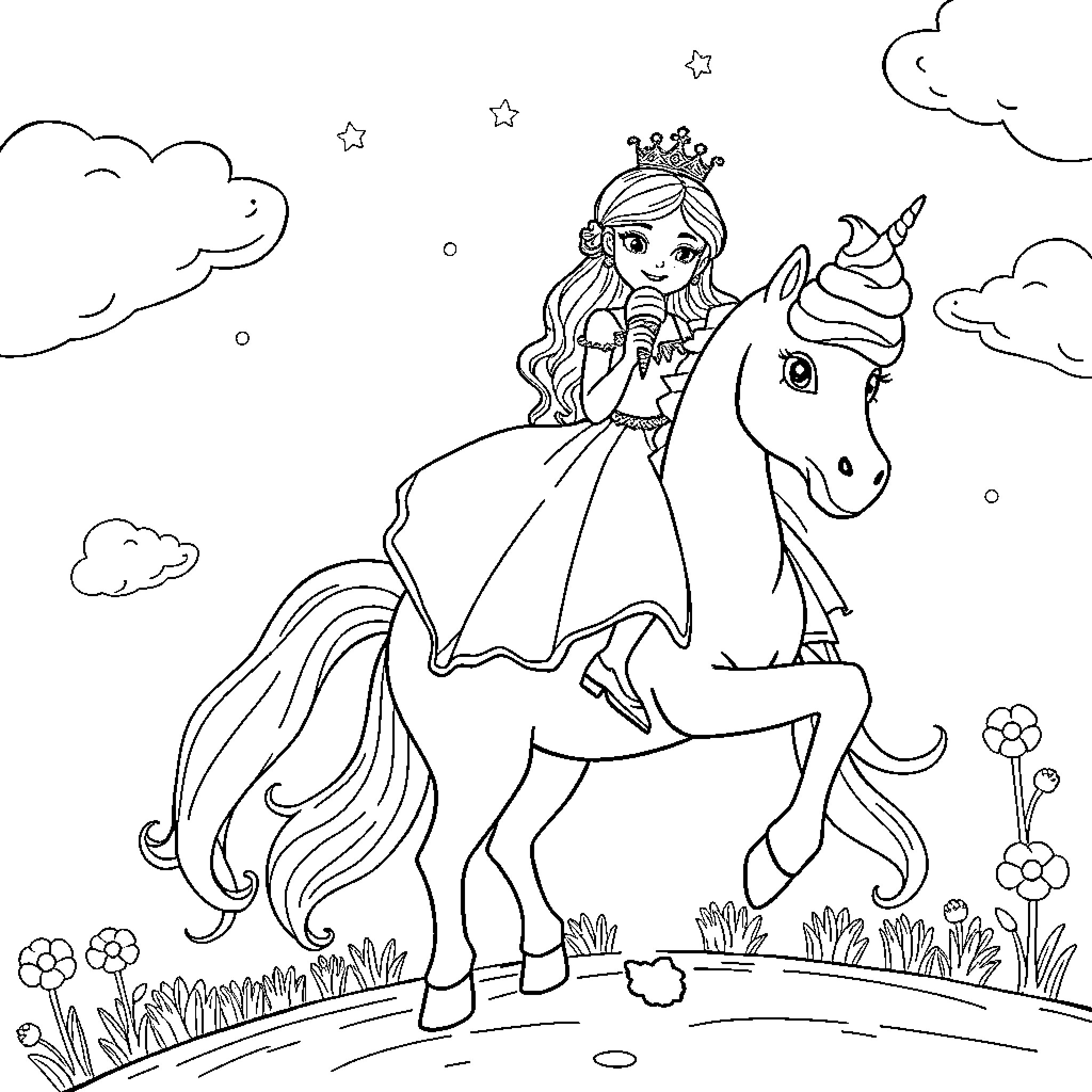 Princess Riding a Magical Unicorn in the Starry Night Coloring Page (free black-and-white line drawing printable PDF for all, from beginners to advanced learners, including children, teens, adults, and seniors)