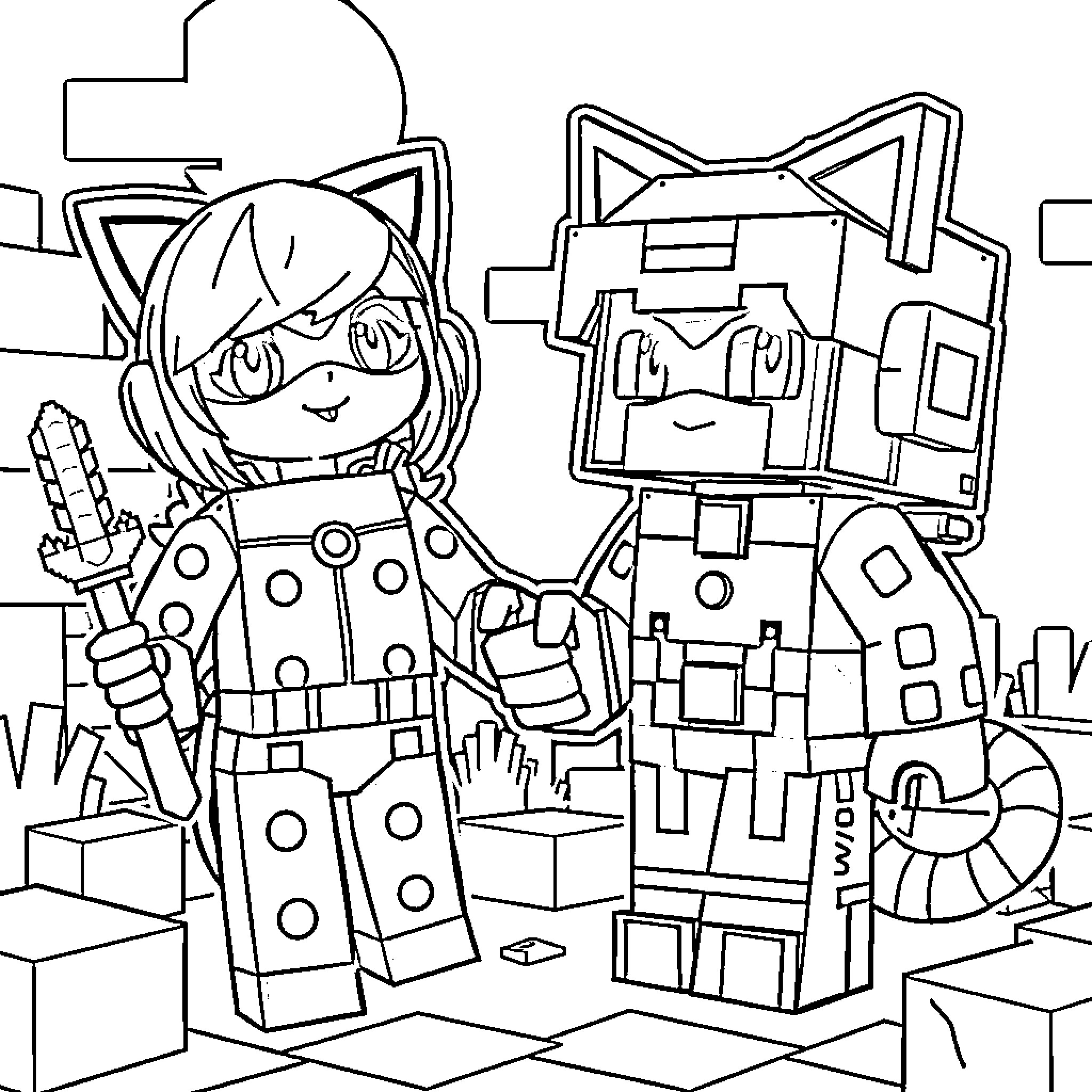 Miraculous Ladybug and her robot companion in action Coloring Page (free black-and-white line drawing printable PDF for all, from beginners to advanced learners, including children, teens, adults, and seniors)