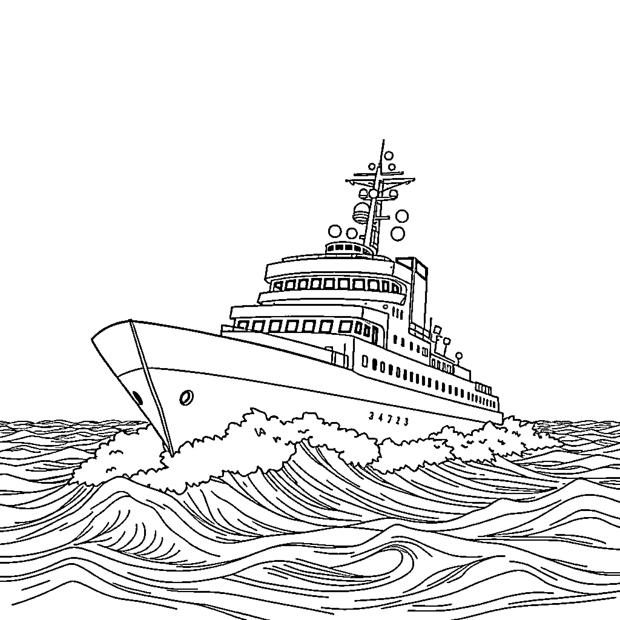 Ship navigating rough seas with waves Coloring Page (free black-and-white line drawing printable PDF for all, from beginners to advanced learners, including children, teens, adults, and seniors)