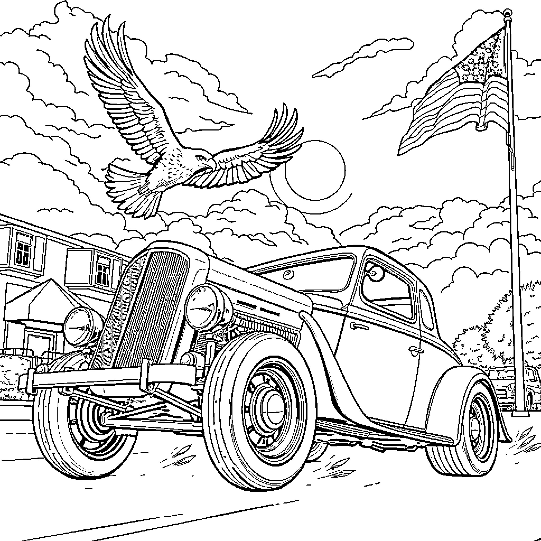 Hot Rod Eagle Soaring Over Vintage Car Landscape Coloring Page (free black-and-white line drawing printable PDF for all, from beginners to advanced learners, including children, teens, adults, and seniors)