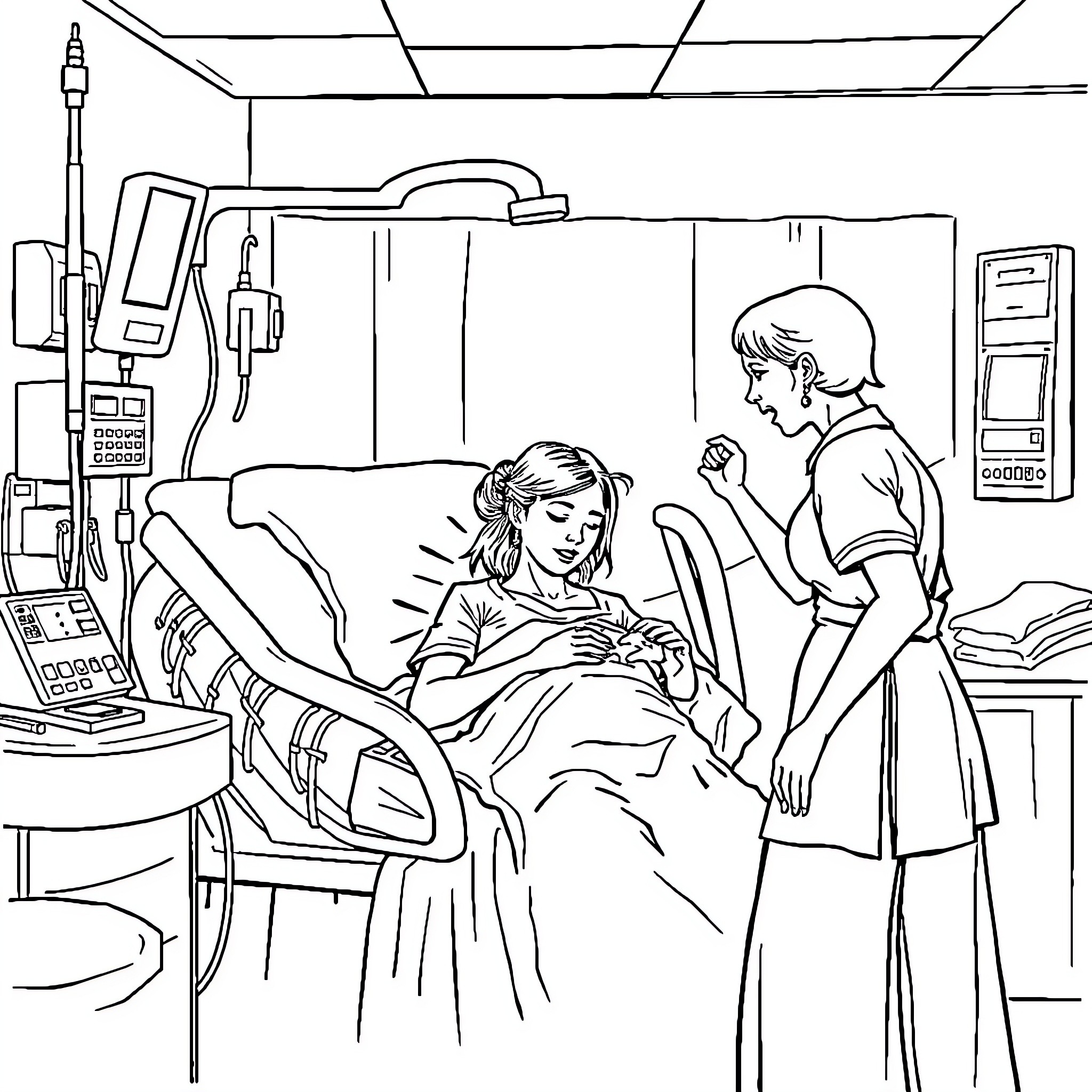 Woman receives medical treatment in hospital room Coloring Page (free black-and-white line drawing printable PDF for all, from beginners to advanced learners, including children, teens, adults, and seniors)