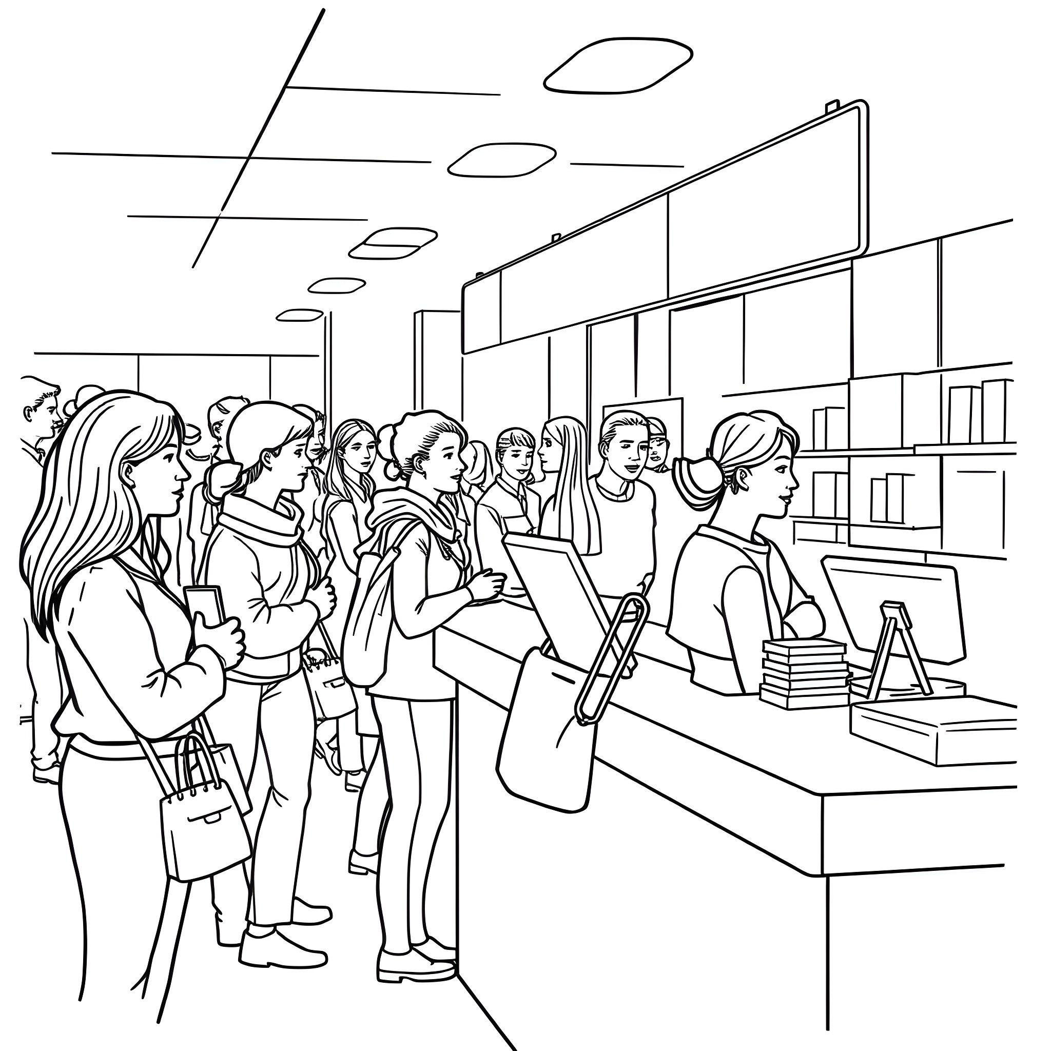 Worker in a Busy Retail Store Coloring Page (free black-and-white line drawing printable PDF for all, from beginners to advanced learners, including children, teens, adults, and seniors)
