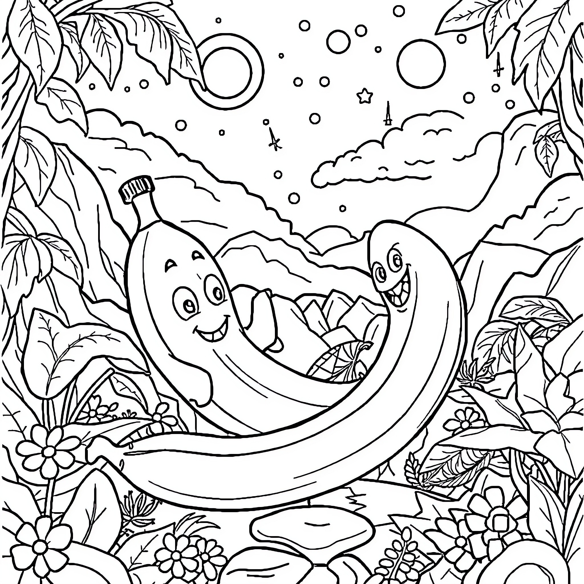 Banana friends exploring the magical night landscape Coloring Page (free black-and-white line drawing printable PDF for all, from beginners to advanced learners, including children, teens, adults, and seniors)