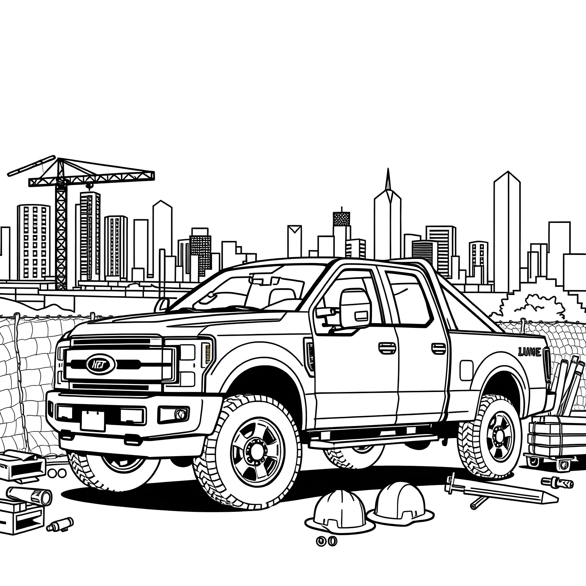 Pickup Truck on Construction Site with City Skyline Coloring Page (free black-and-white line drawing printable PDF for all, from beginners to advanced learners, including children, teens, adults, and seniors)
