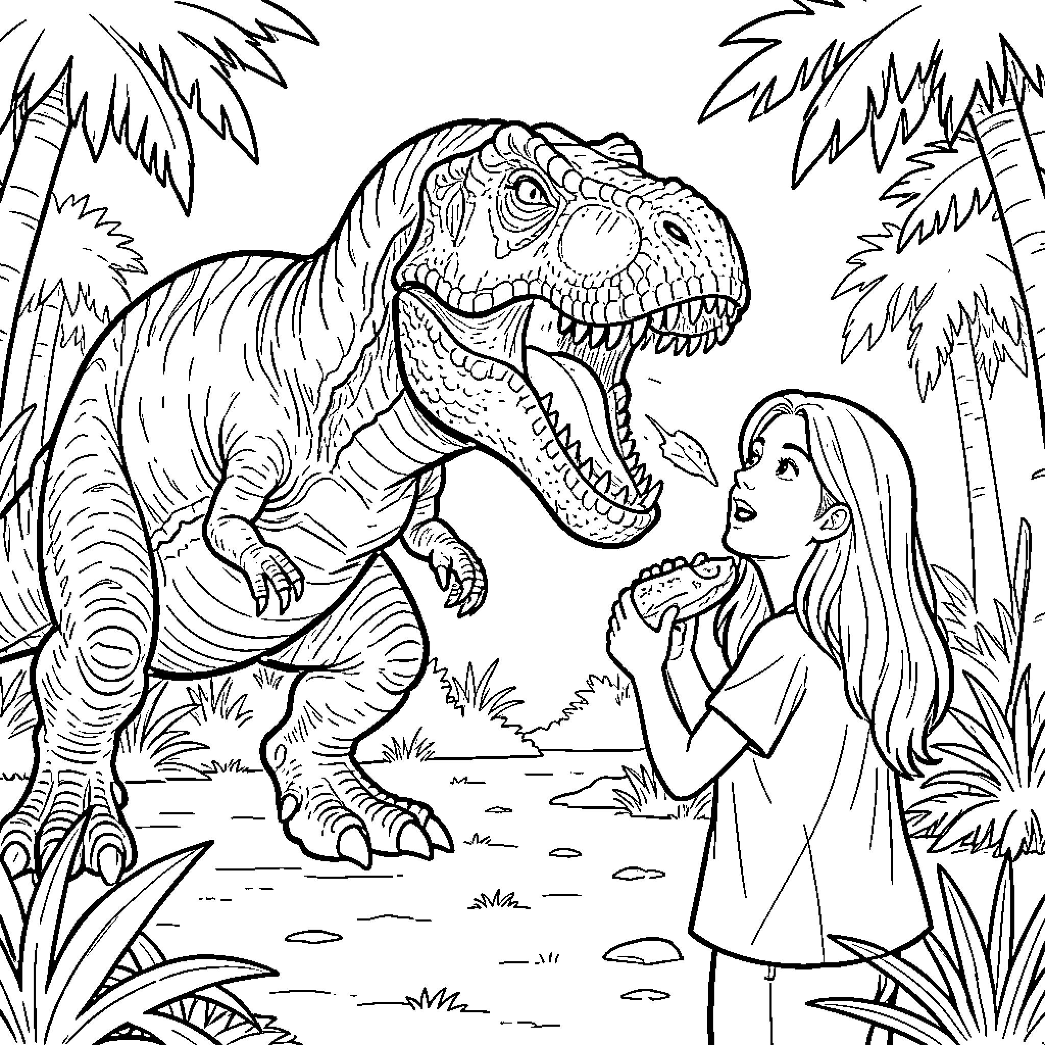 Tyrannosaurus interacting with a young girl in a jungle Coloring Page (free black-and-white line drawing printable PDF for all, from beginners to advanced learners, including children, teens, adults, and seniors)