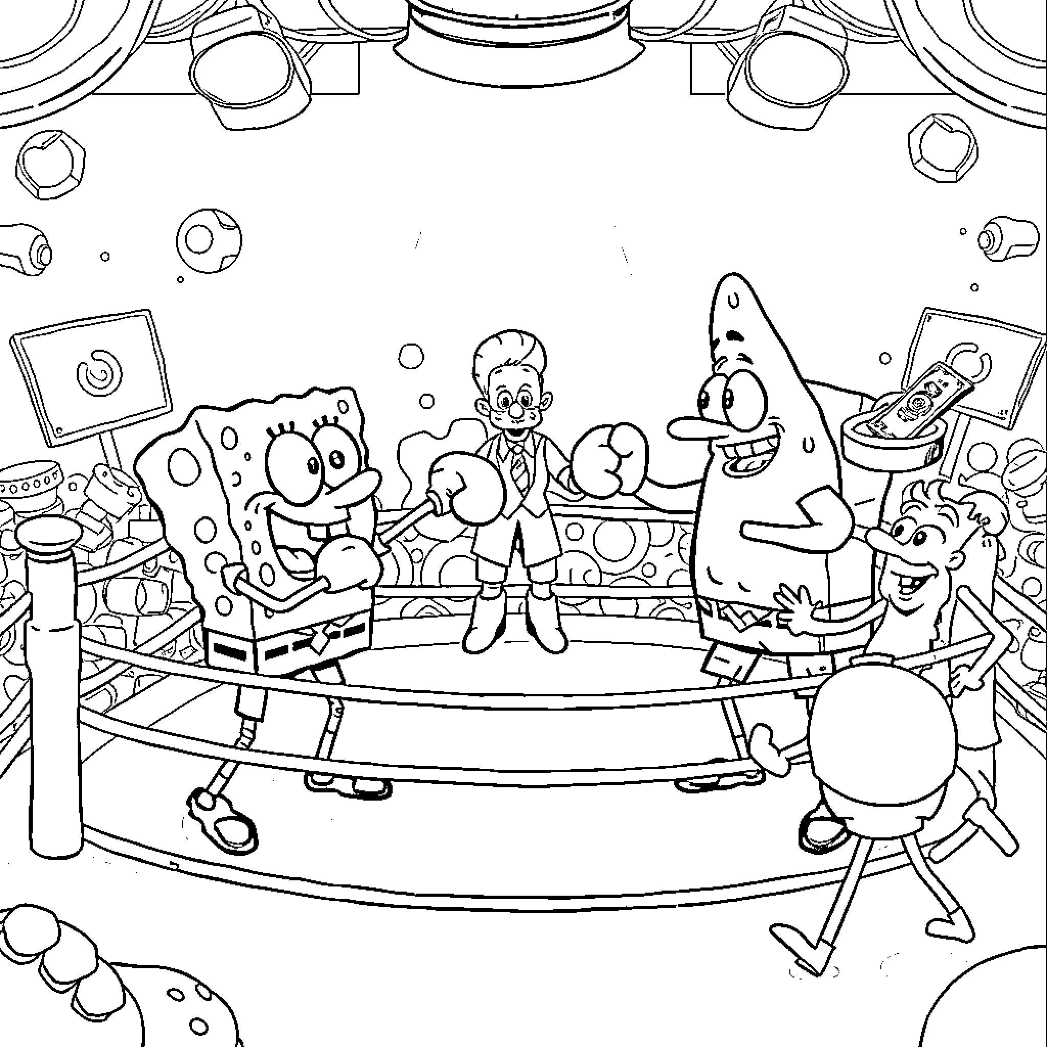 Spongebob and friends in a wacky underwater scene Coloring Page (free black-and-white line drawing printable PDF for all, from beginners to advanced learners, including children, teens, adults, and seniors)