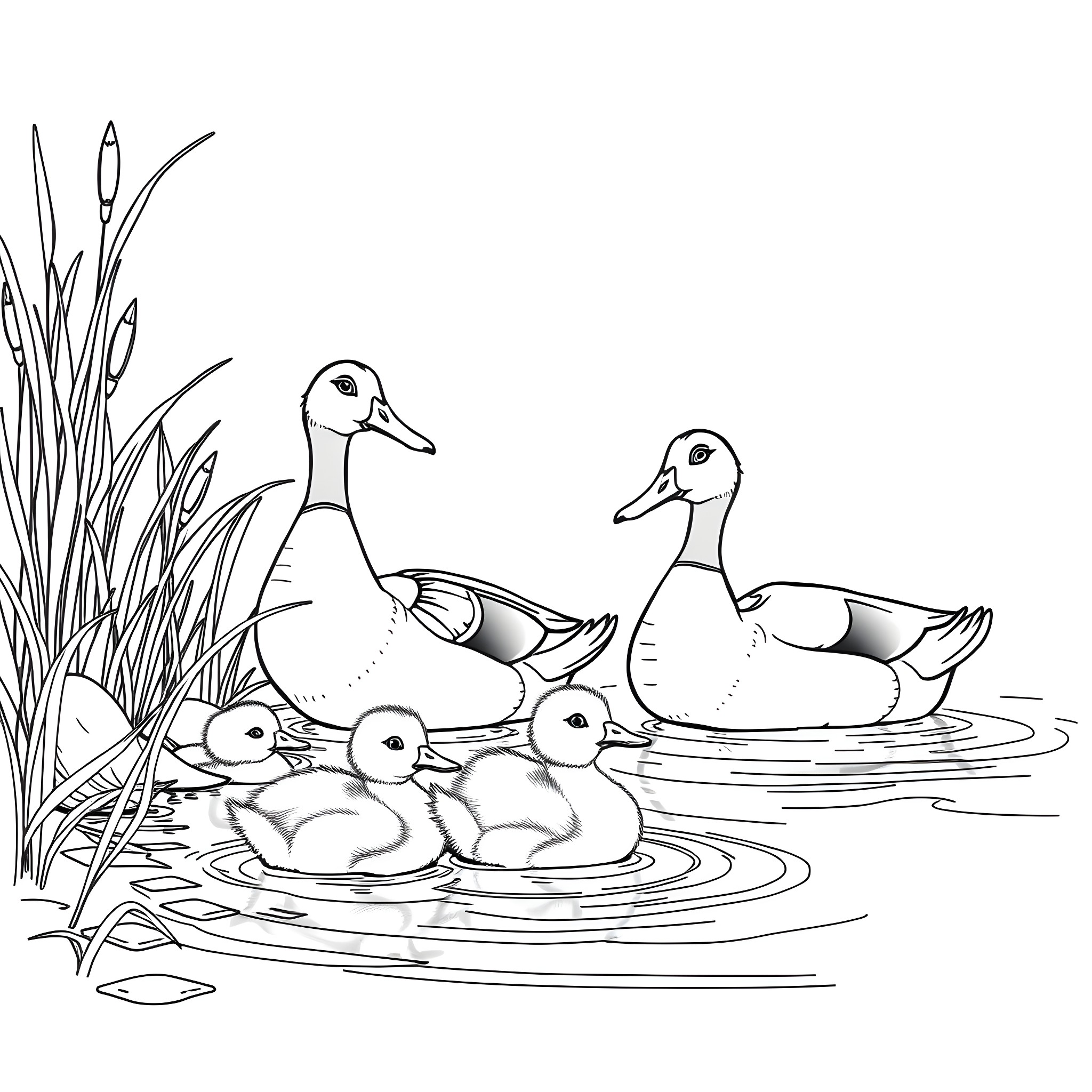 Duck family swimming in the pond Coloring Page (free black-and-white line drawing printable PDF for all, from beginners to advanced learners, including children, teens, adults, and seniors)