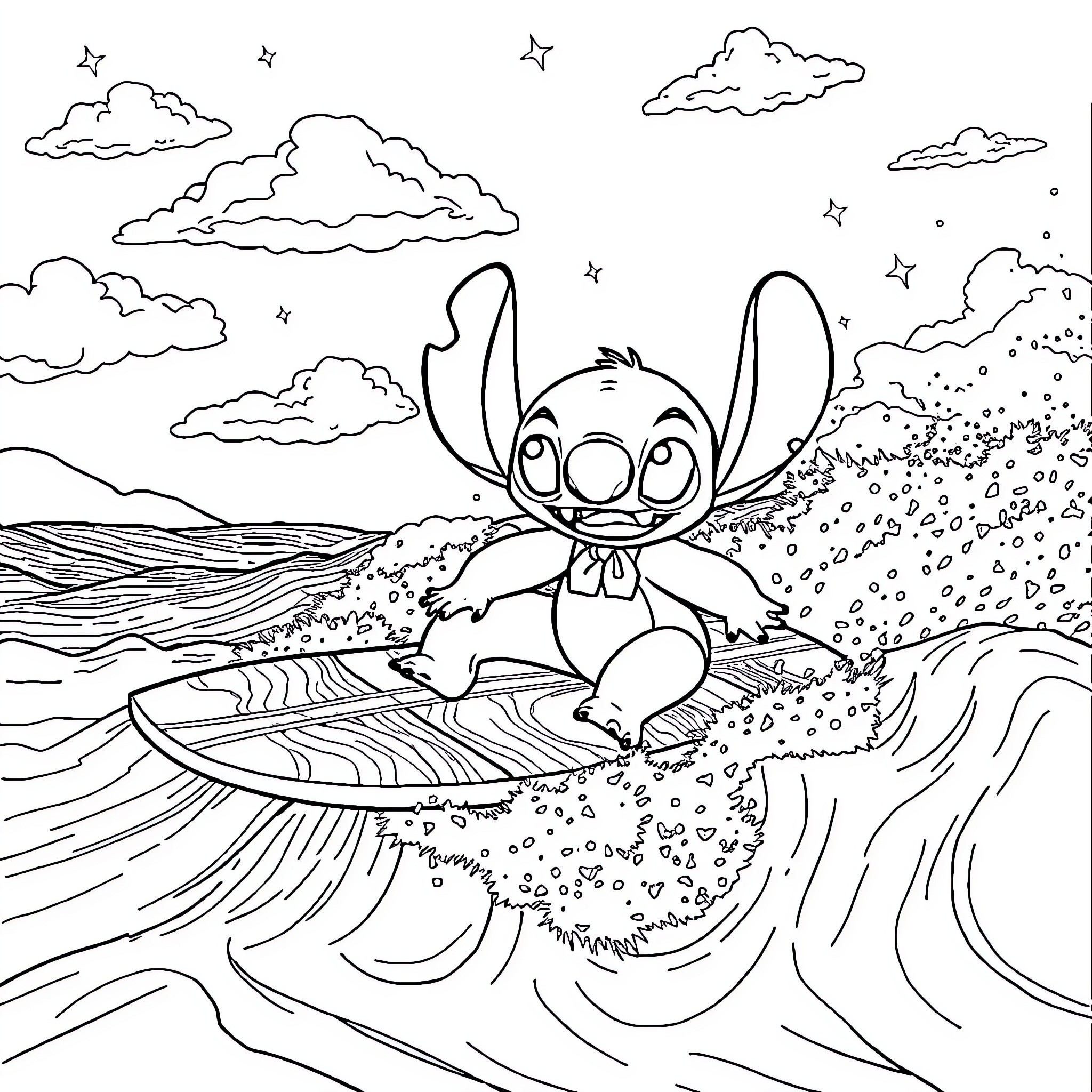 Lilo swimming in the ocean with waves Coloring Page (free black-and-white line drawing printable PDF for all, from beginners to advanced learners, including children, teens, adults, and seniors)