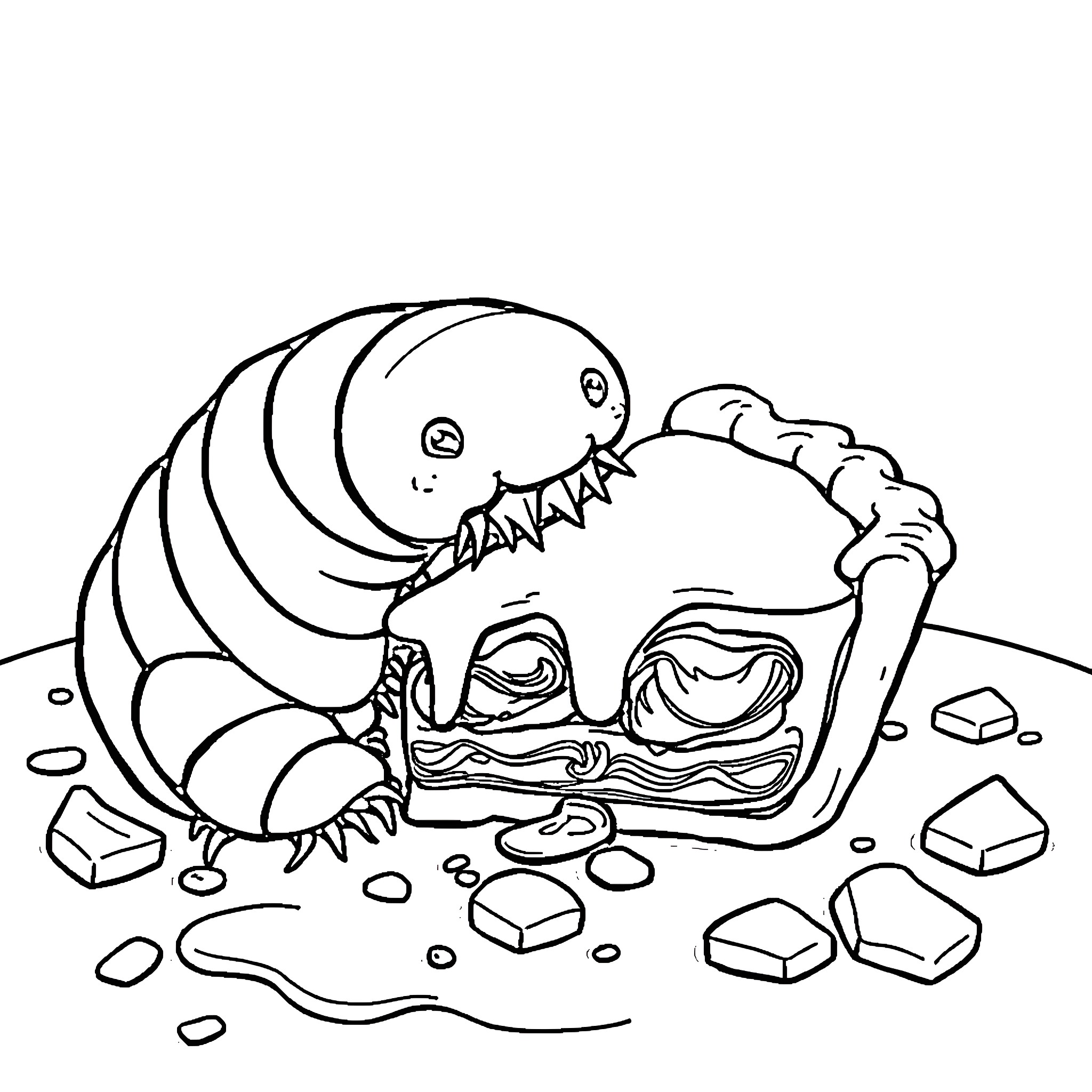 Millipede exploring rocky terrain Coloring Page (free black-and-white line drawing printable PDF for all, from beginners to advanced learners, including children, teens, adults, and seniors)