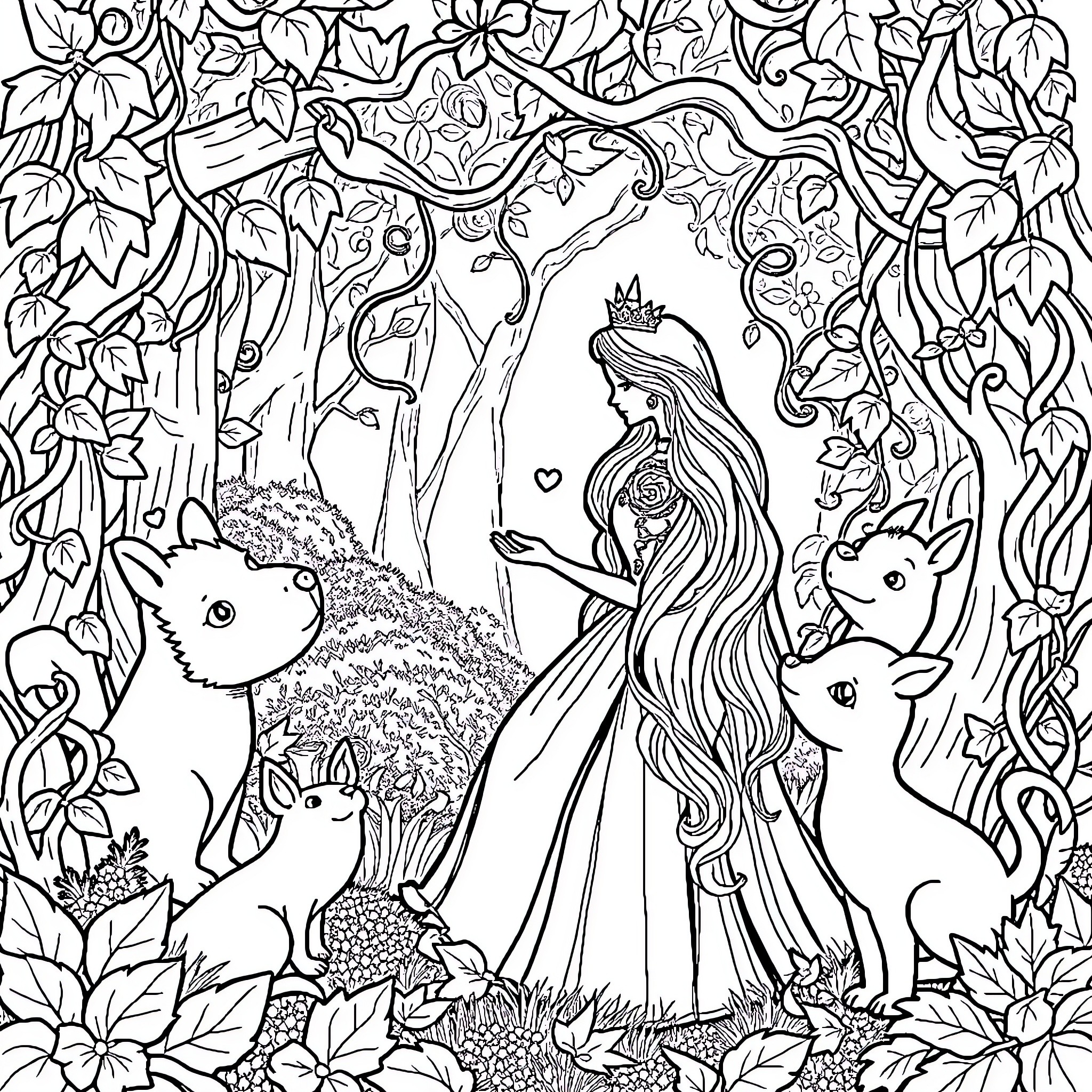 Princess in a Whimsical Woodland Scene Coloring Page (free black-and-white line drawing printable PDF for all, from beginners to advanced learners, including children, teens, adults, and seniors)