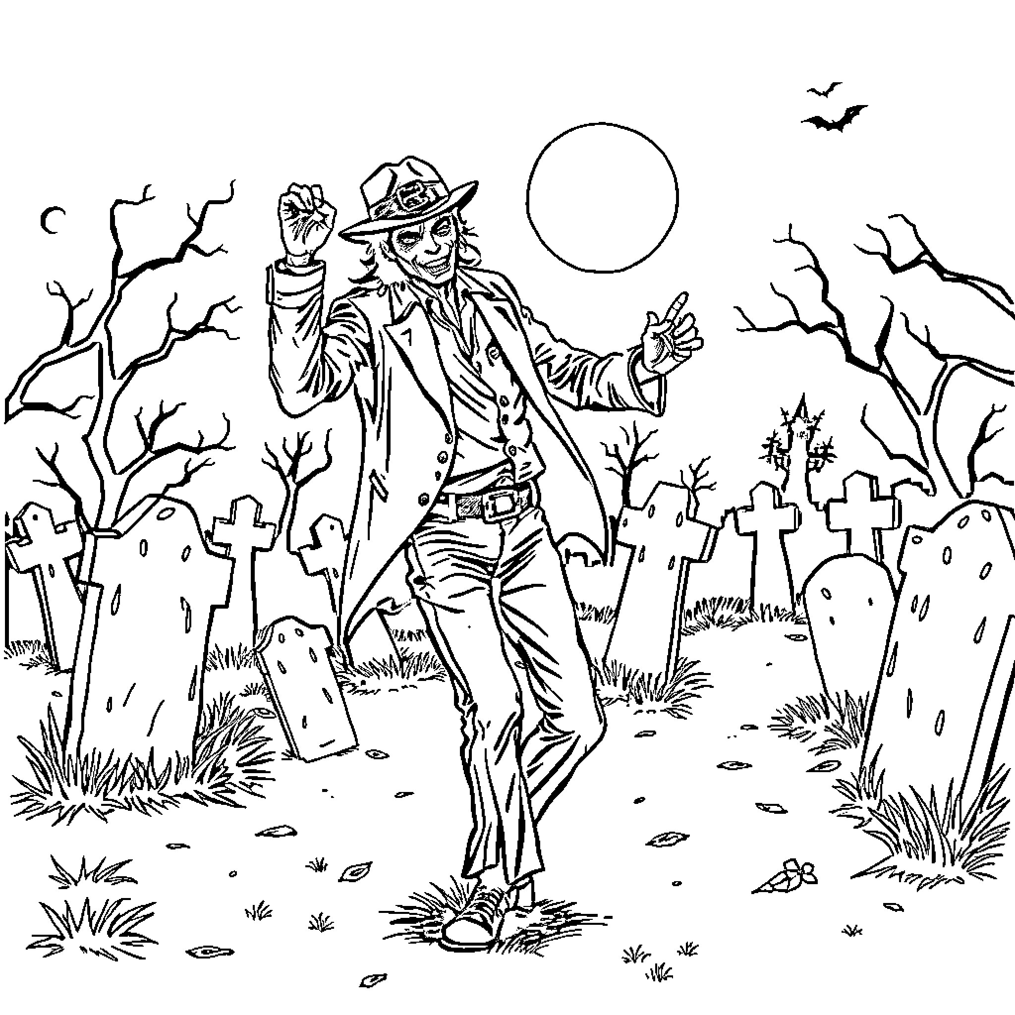 Michael Jackson's Spooky Graveyard Dance Coloring Page (free black-and-white line drawing printable PDF for all, from beginners to advanced learners, including children, teens, adults, and seniors)