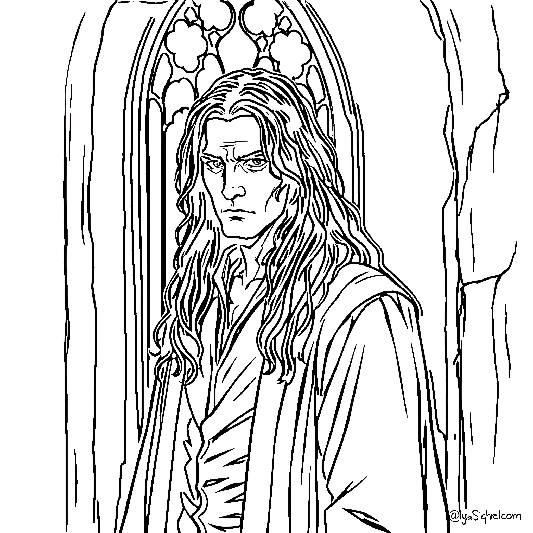 Sirius Black in a solemn, contemplative pose Coloring Page (free black-and-white line drawing printable PDF for all, from beginners to advanced learners, including children, teens, adults, and seniors)