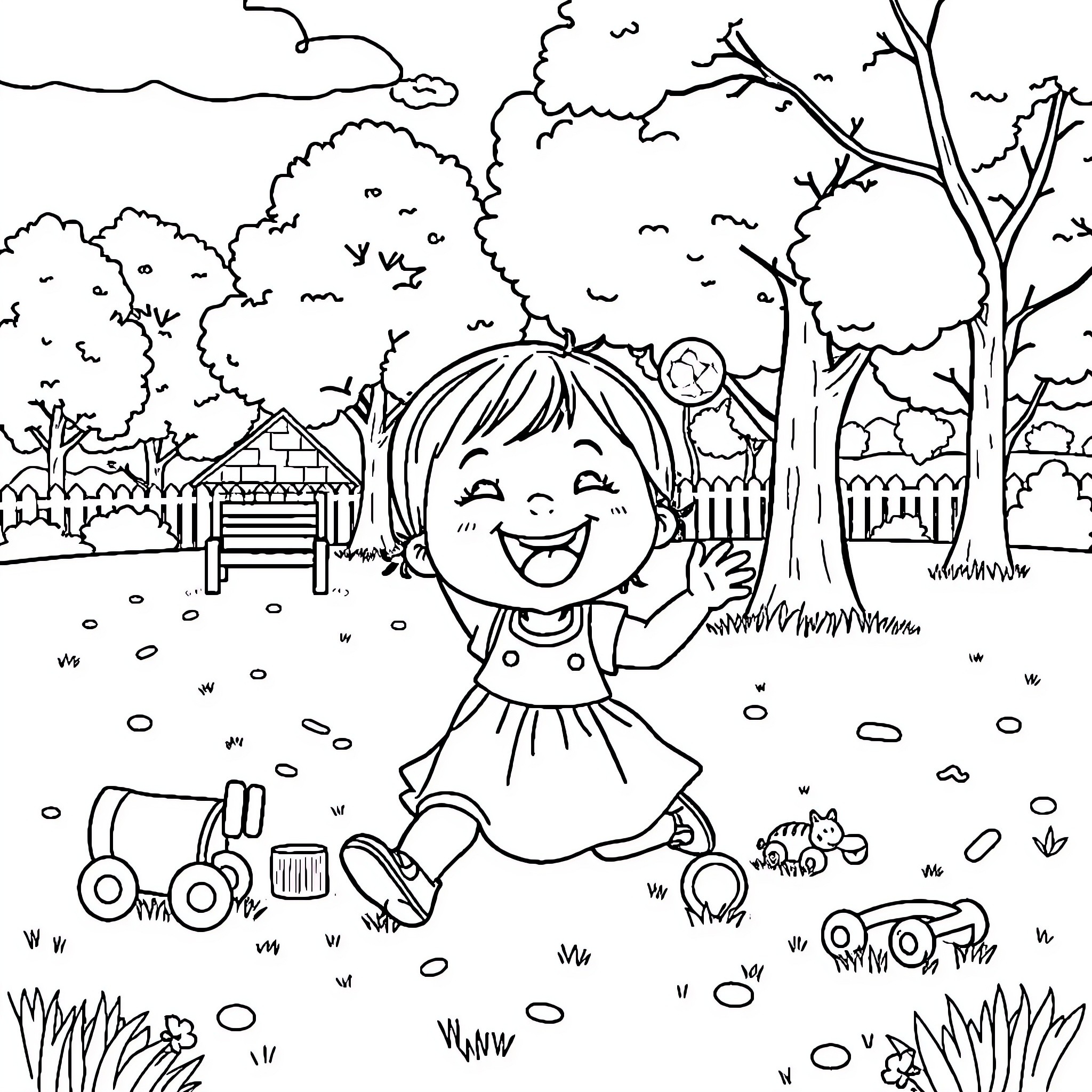 Girl playing joyfully in countryside scene Coloring Page (free black-and-white line drawing printable PDF for all, from beginners to advanced learners, including children, teens, adults, and seniors)