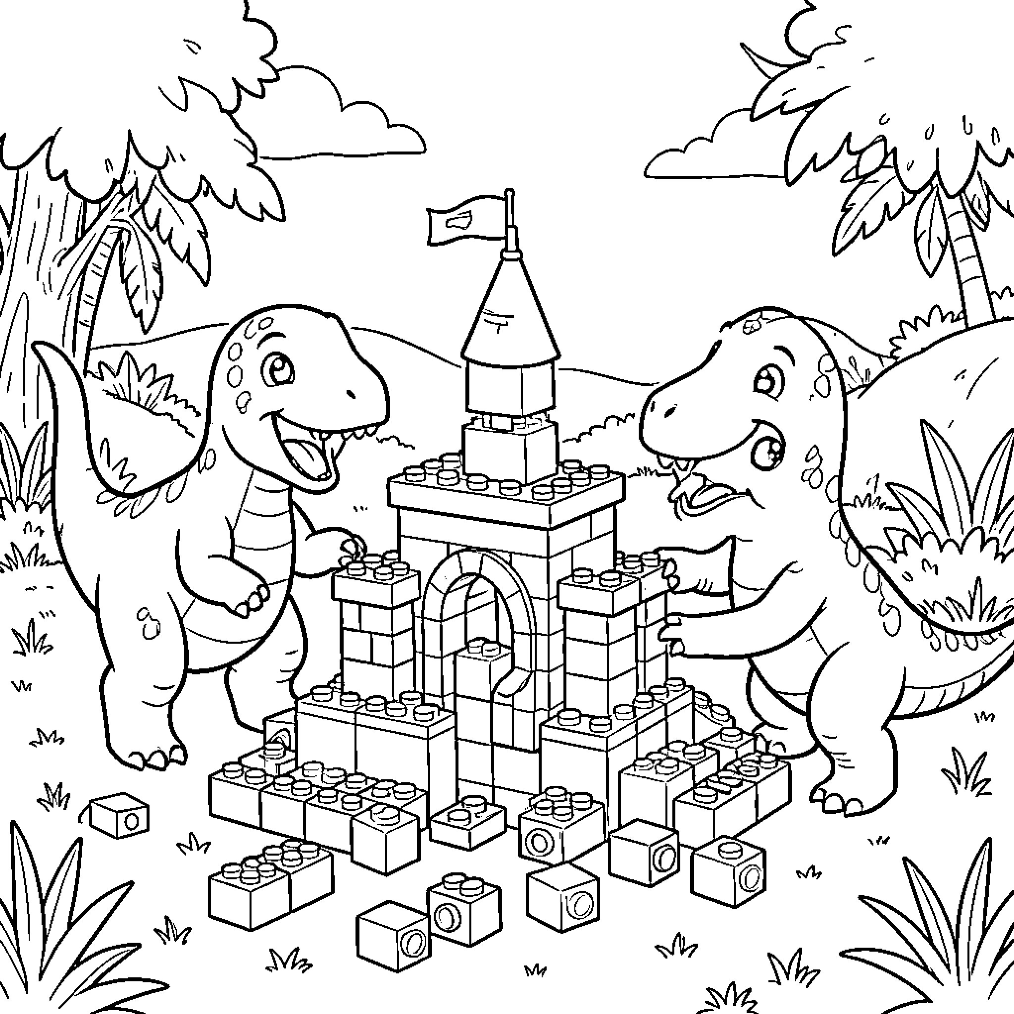 Dinosaur building a large toy castle together Coloring Page (free black-and-white line drawing printable PDF for all, from beginners to advanced learners, including children, teens, adults, and seniors)