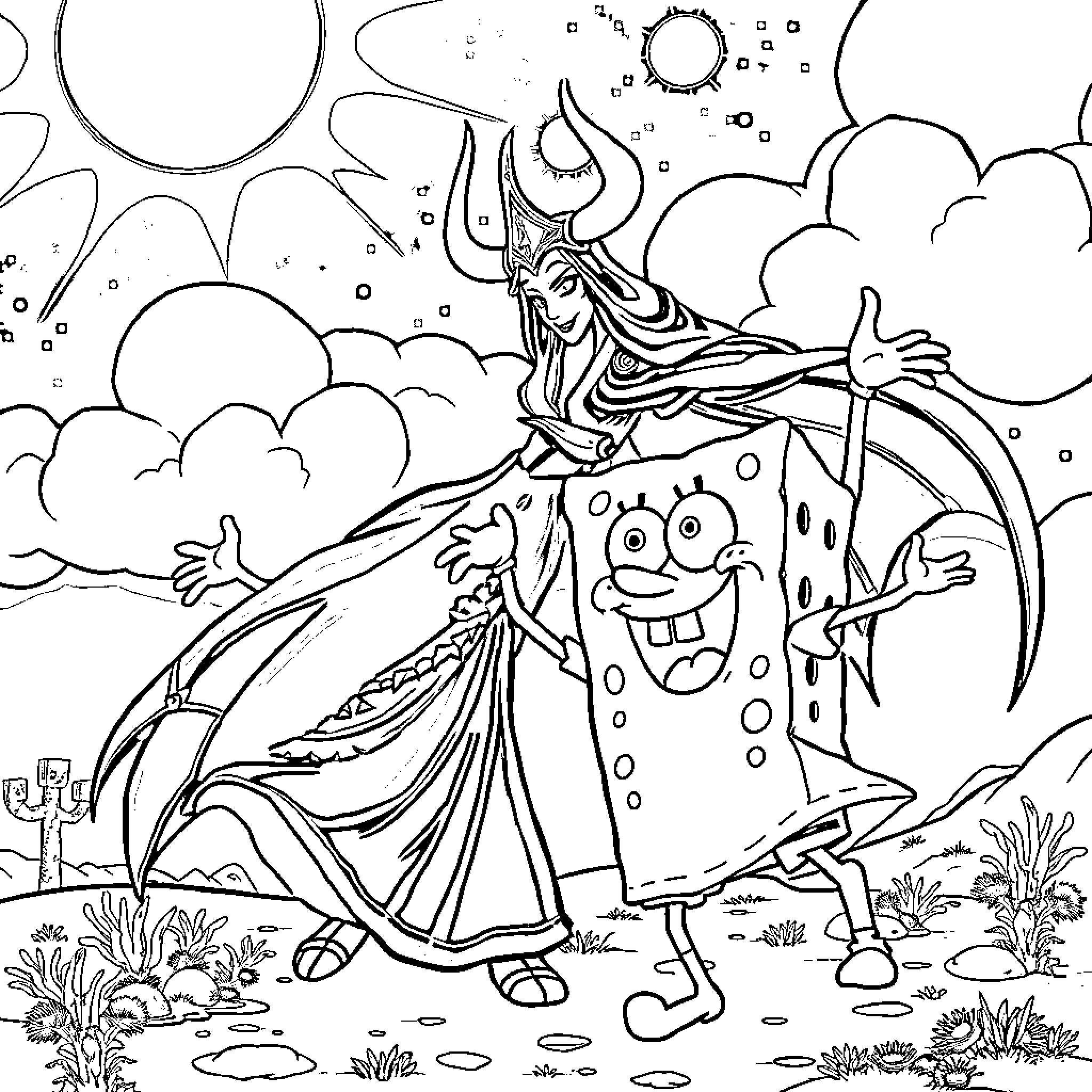 Rumi's whimsical encounter with animated characters Coloring Page (free black-and-white line drawing printable PDF for all, from beginners to advanced learners, including children, teens, adults, and seniors)