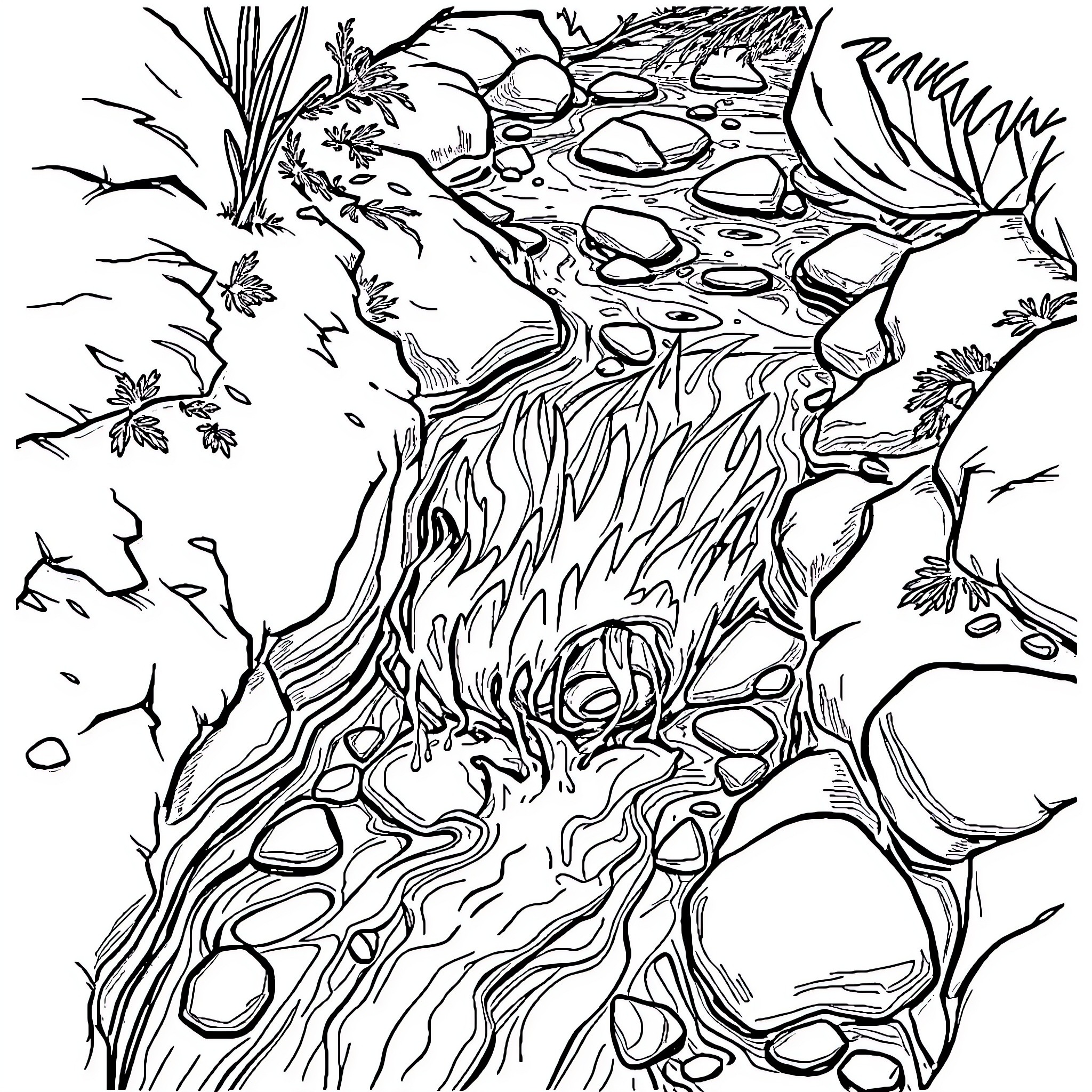 Water flowing through a rocky landscape Coloring Page (free black-and-white line drawing printable PDF for all, from beginners to advanced learners, including children, teens, adults, and seniors)