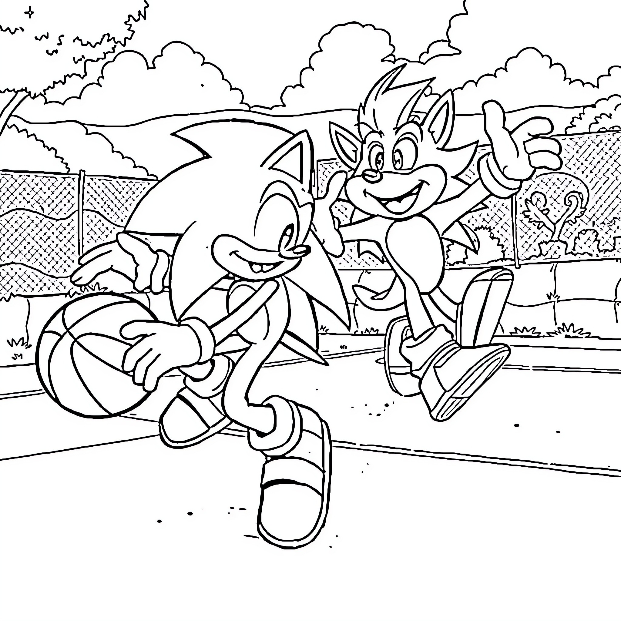 Sonic characters running and playing in the park Coloring Page (free black-and-white line drawing printable PDF for all, from beginners to advanced learners, including children, teens, adults, and seniors)