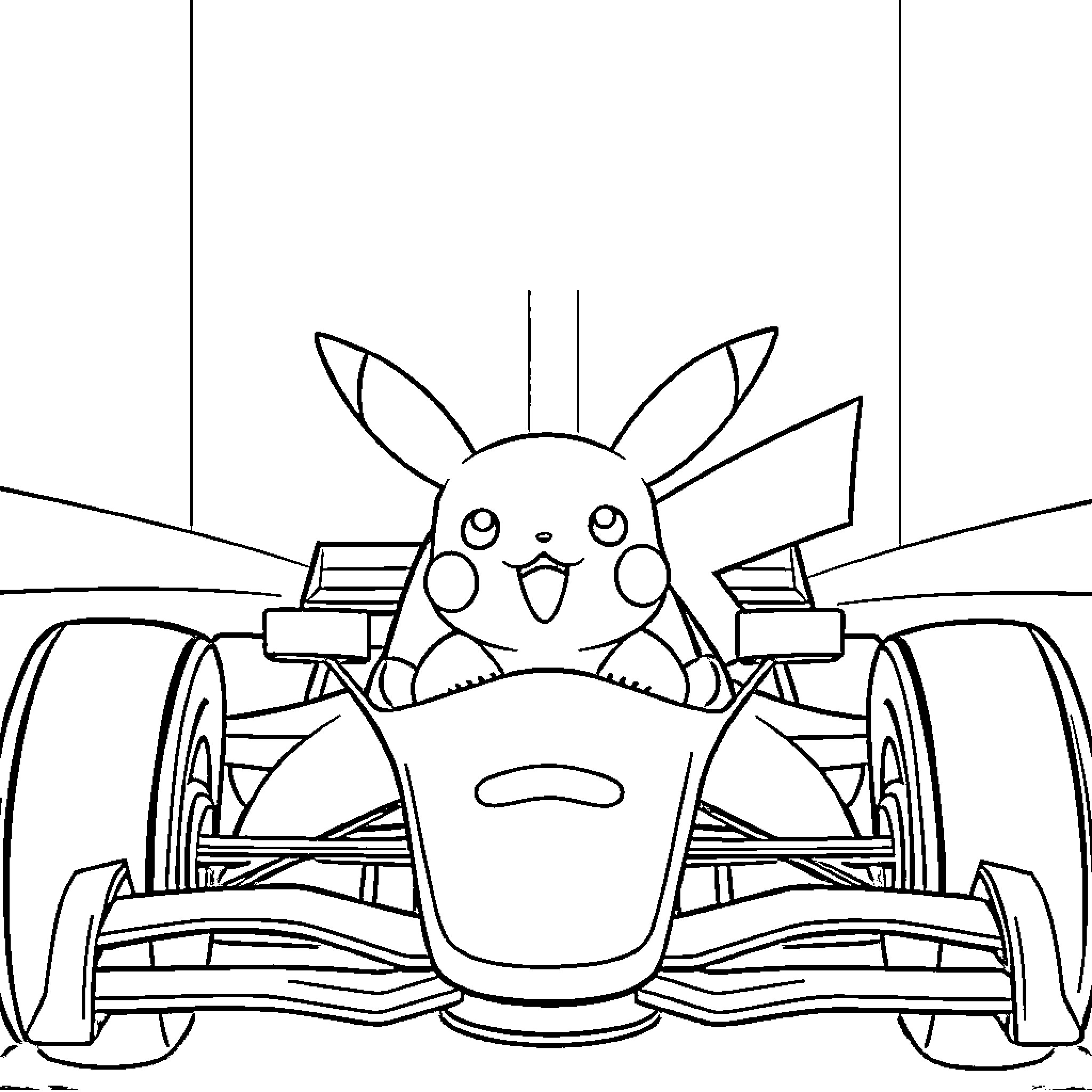 Pikachu on a Formula 1 Race Car Coloring Page (free black-and-white line drawing printable PDF for all, from beginners to advanced learners, including children, teens, adults, and seniors)