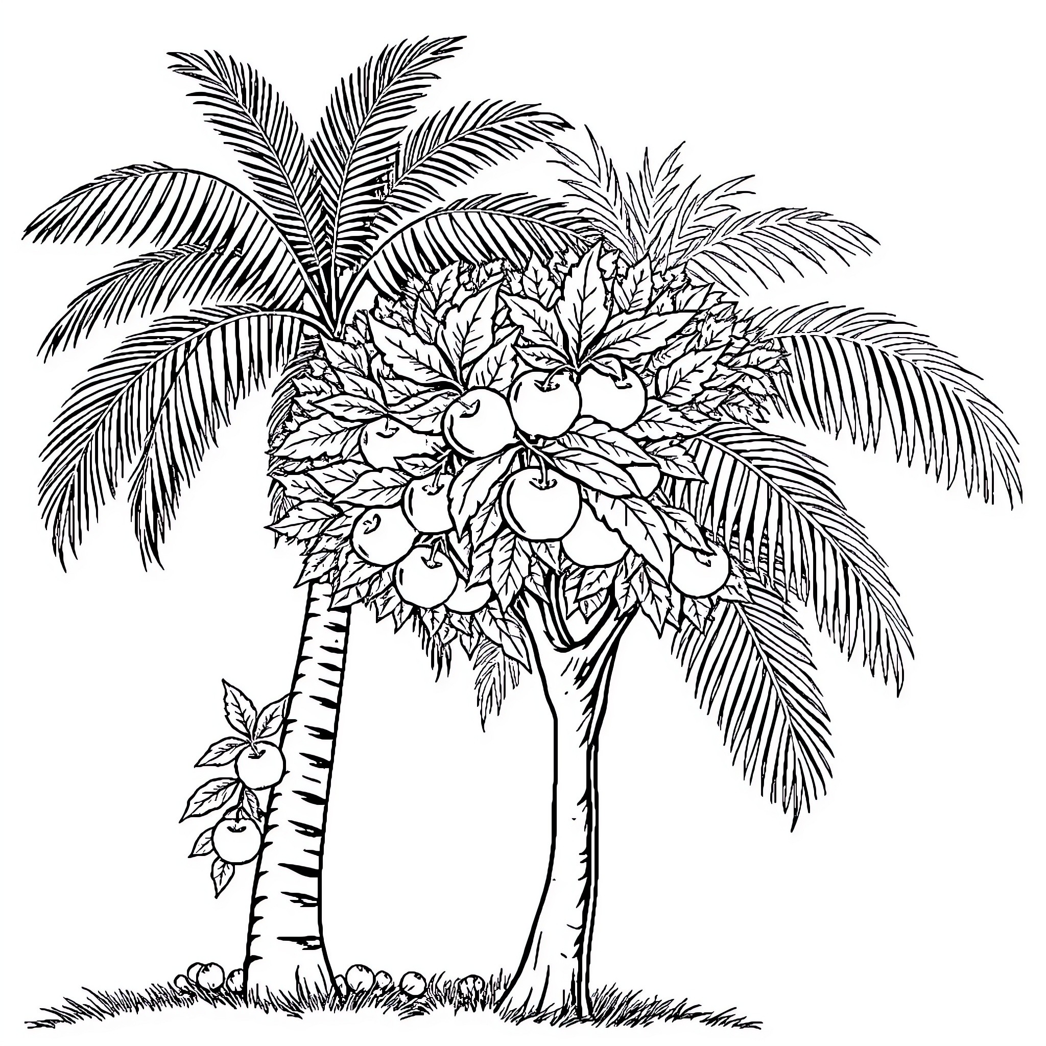 Apple Tree with Tropical Foliage Coloring Page (free black-and-white line drawing printable PDF for all, from beginners to advanced learners, including children, teens, adults, and seniors)